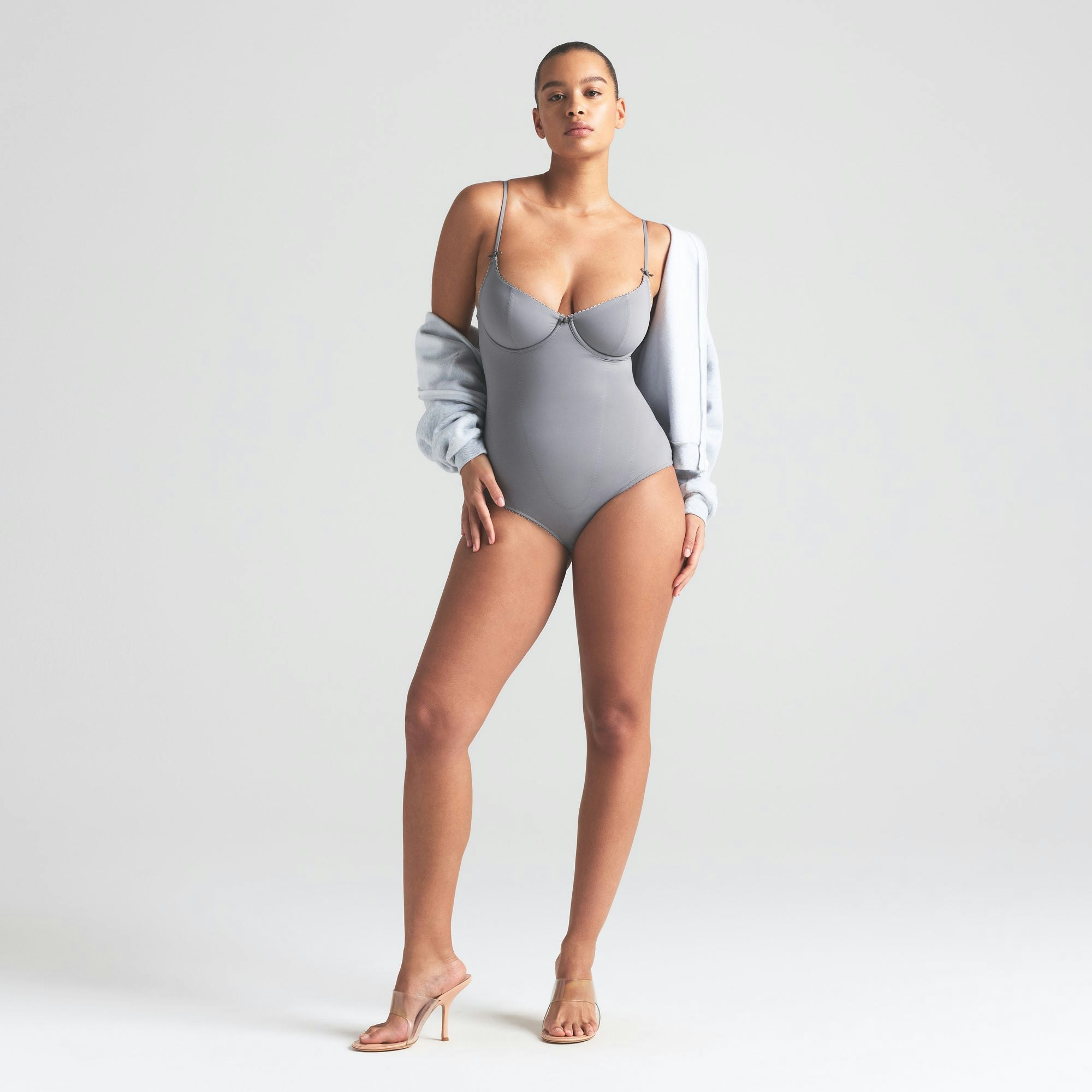 VINTAGE SHAPEWEAR BRIEF BODYSUIT | SHADOW ON A MODEL FRONT VIEW | FOCUS: 0.0, 1.0, 0.9