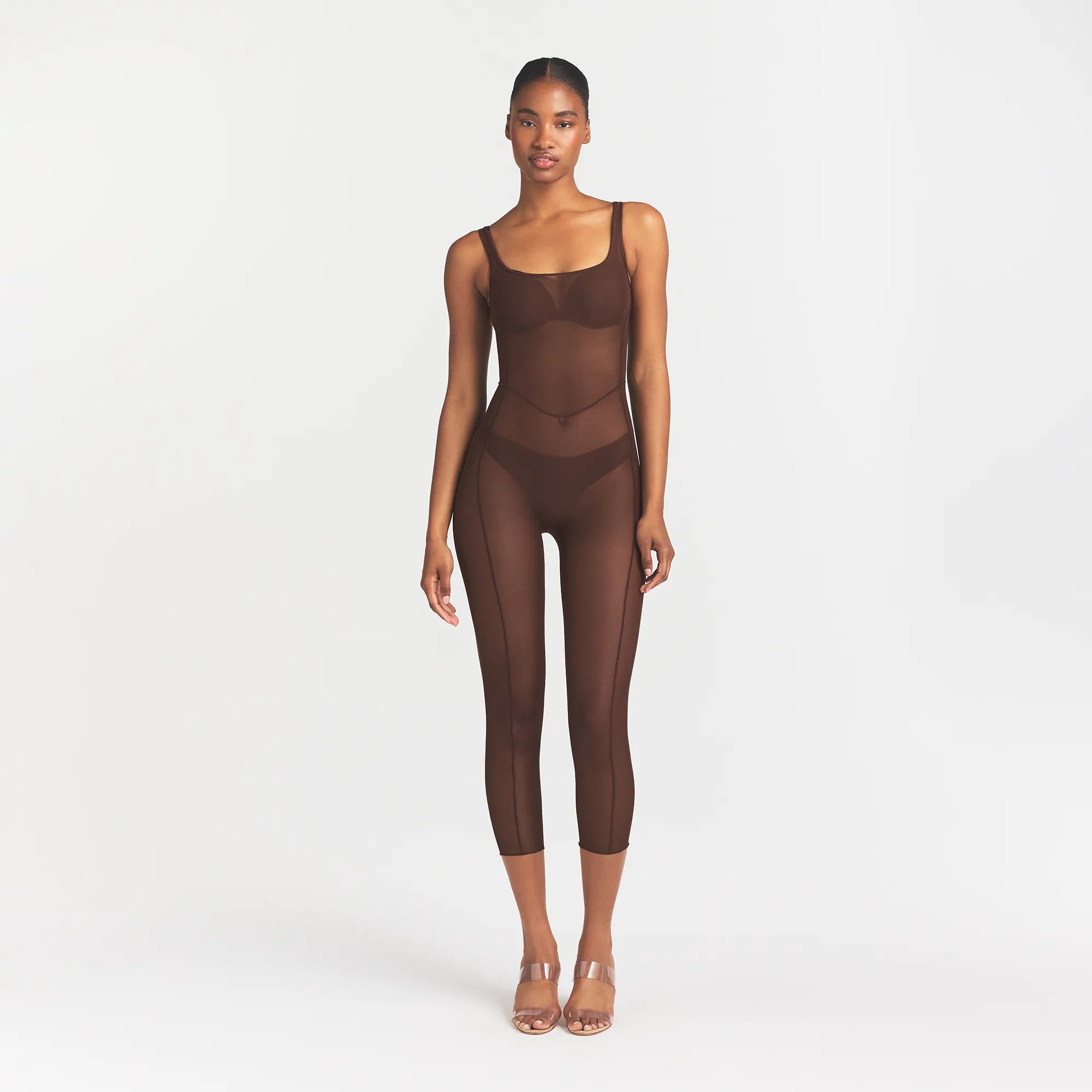 POWER MESH CATSUIT | COCOA ON A MODEL FRONT VIEW @ | FOCUS: 0.0, 1.0, 0.9