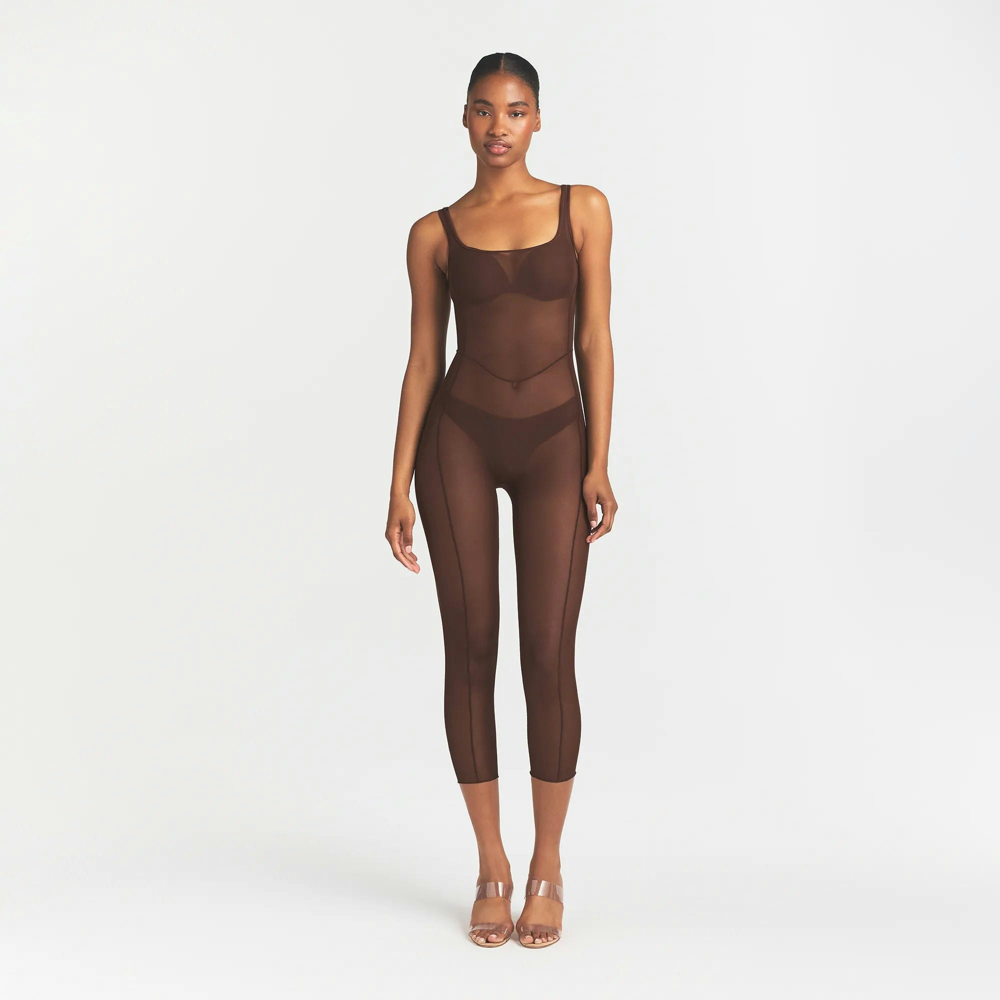 POWER MESH CATSUIT | COCOA ON A MODEL FRONT VIEW @ | FOCUS: 0.0, 1.0, 0.9