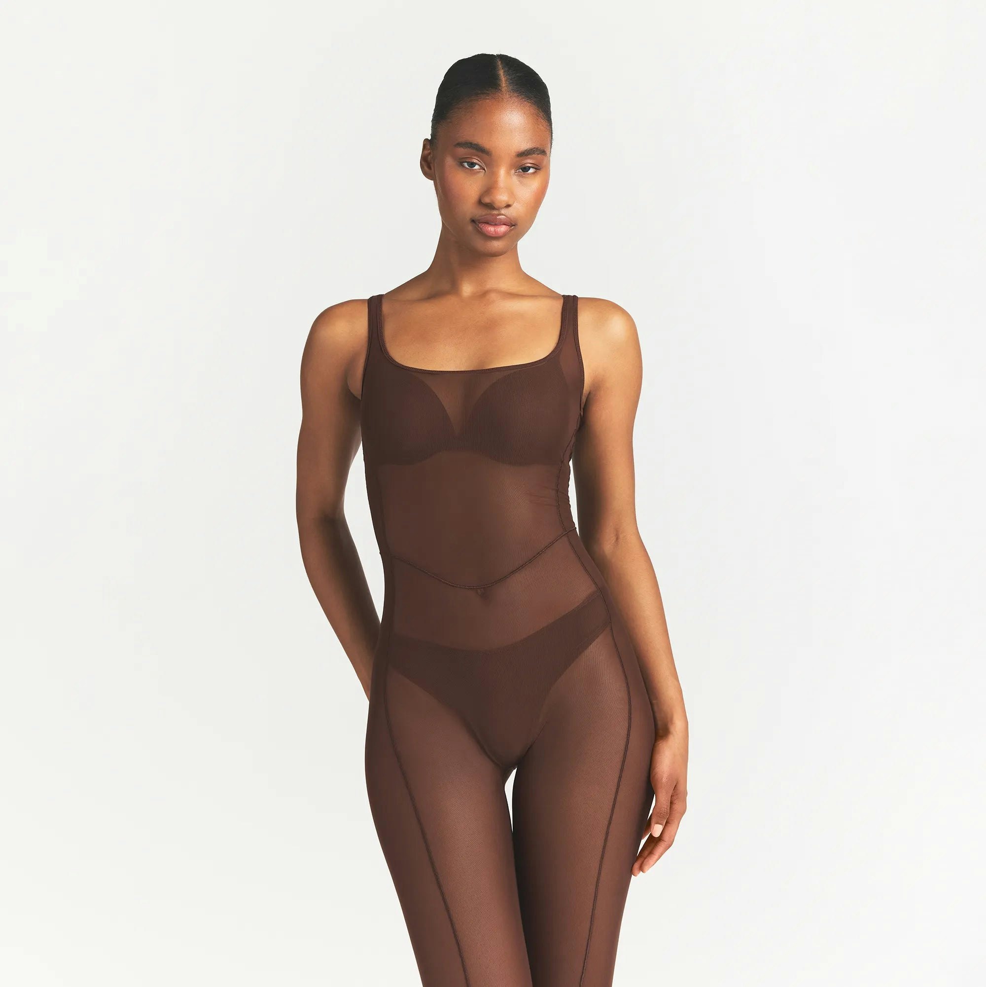 POWER MESH CATSUIT | COCOA ON A MODEL FRONT VIEW @ | FOCUS: 0.0, 1.0, 0.9