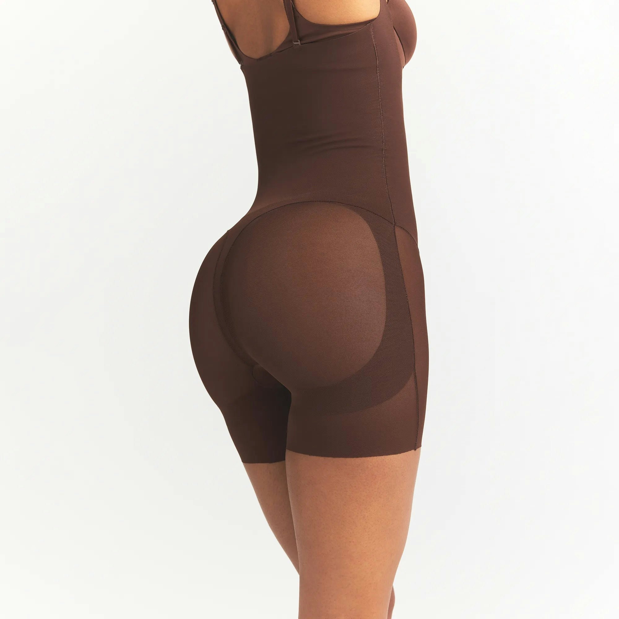 POWER MESH SHAPEWEAR CORE SCULPT OPEN BUST MID THIGH BODYSUIT | COCOA ON A MODEL SIDE VIEW @ | FOCUS: 0.0, 1.0, 0.9