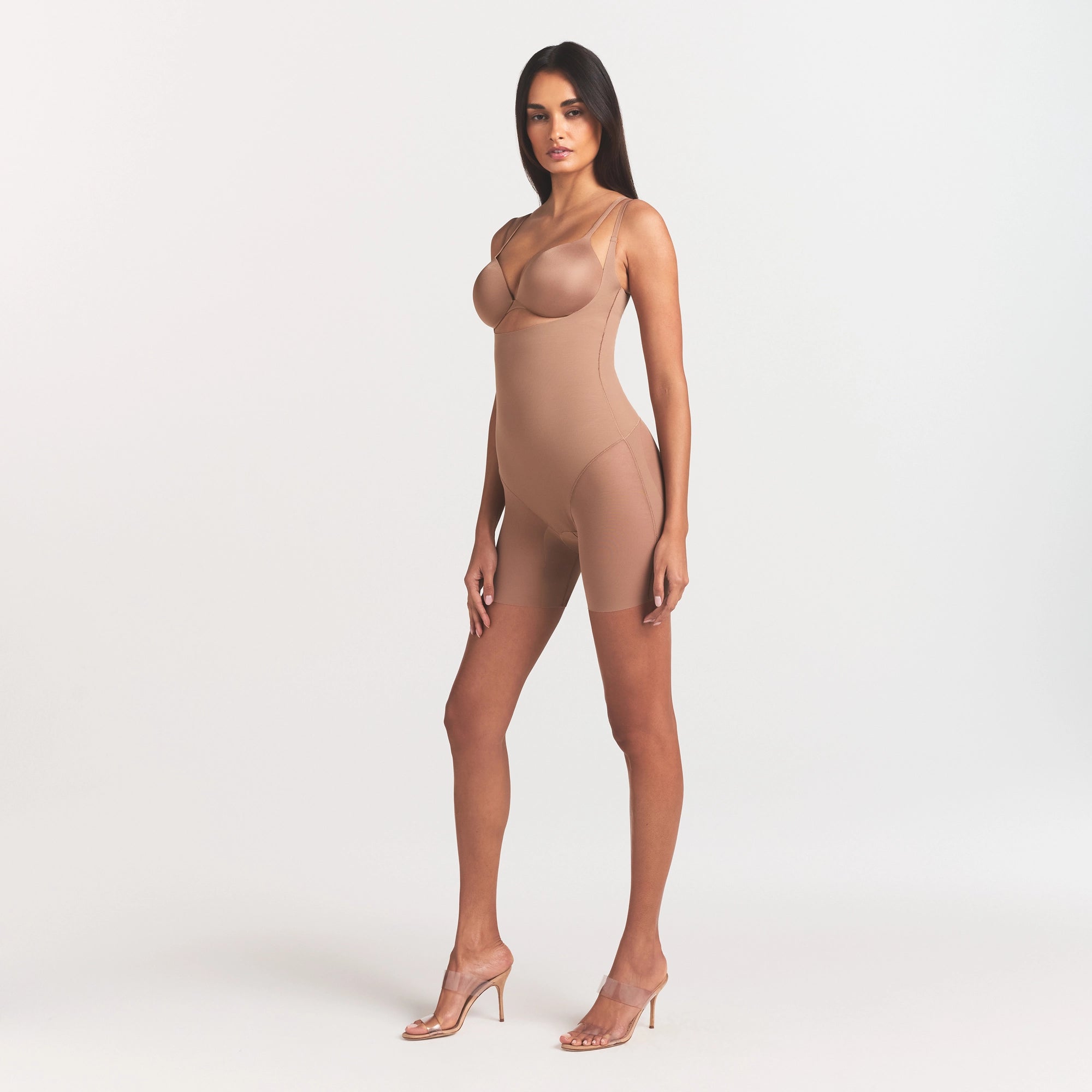 POWER MESH SHAPEWEAR CORE SCULPT OPEN BUST MID THIGH BODYSUIT | SIENNA ON A MODEL FRONT VIEW @ | FOCUS: 0.0, 1.0, 0.9
