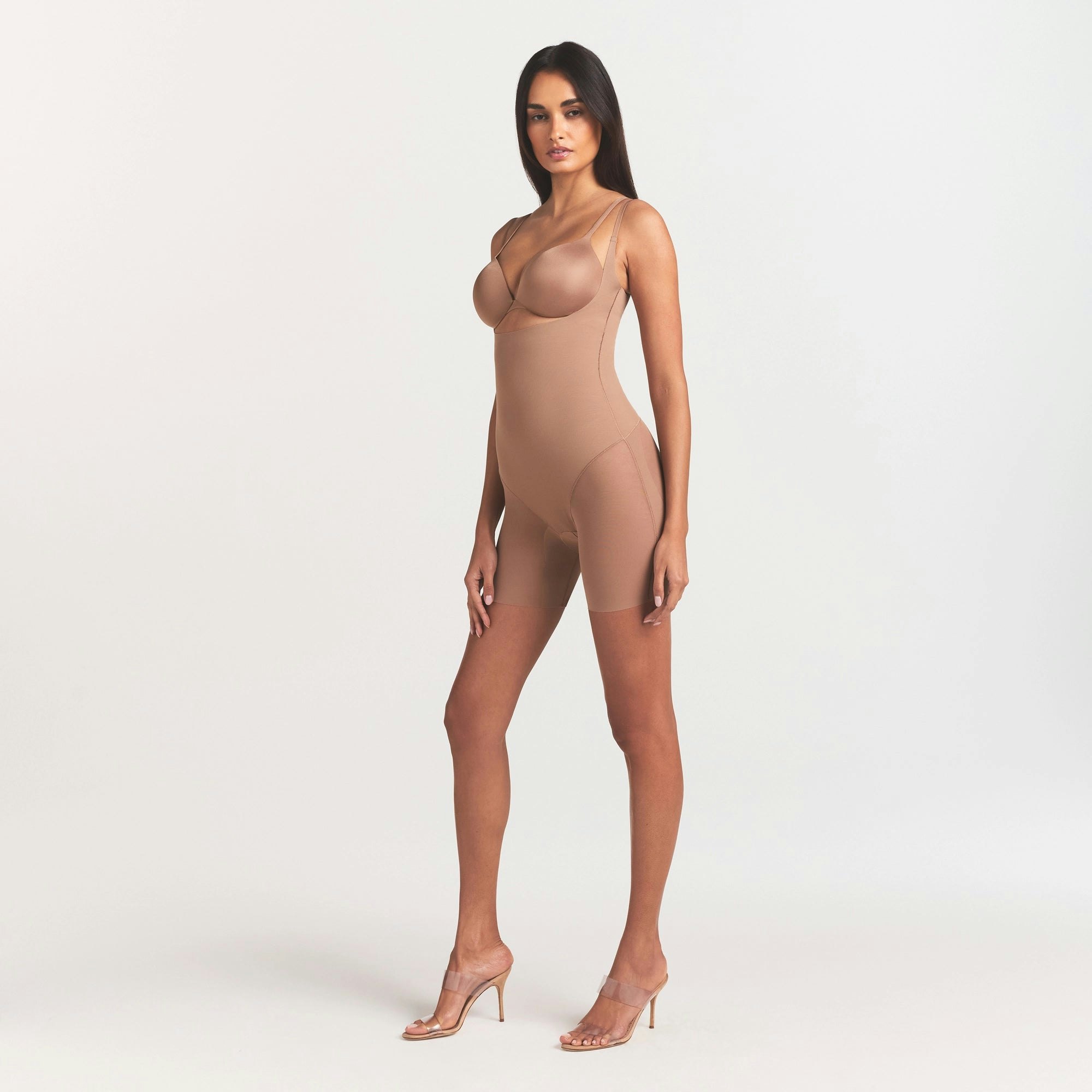 POWER MESH SHAPEWEAR CORE SCULPT OPEN BUST MID THIGH BODYSUIT | SIENNA ON A MODEL FRONT VIEW @ | FOCUS: 0.0, 1.0, 0.9