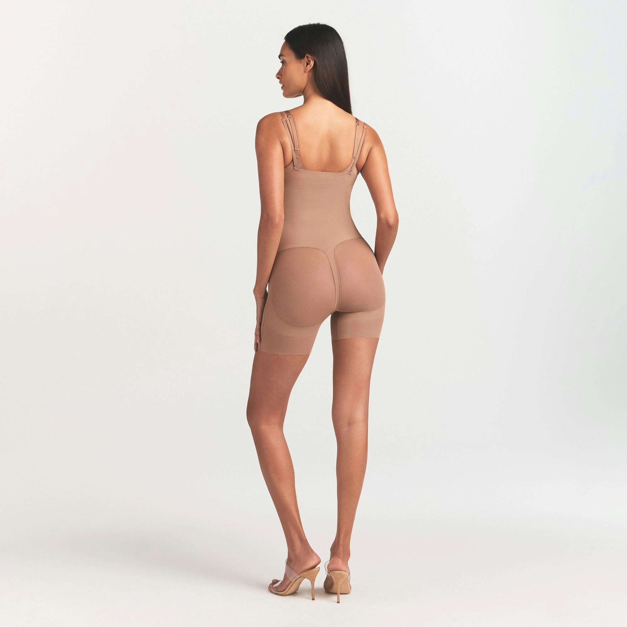 POWER MESH SHAPEWEAR CORE SCULPT OPEN BUST MID THIGH BODYSUIT | SIENNA ON A MODEL FRONT VIEW @ | FOCUS: 0.0, 1.0, 0.9