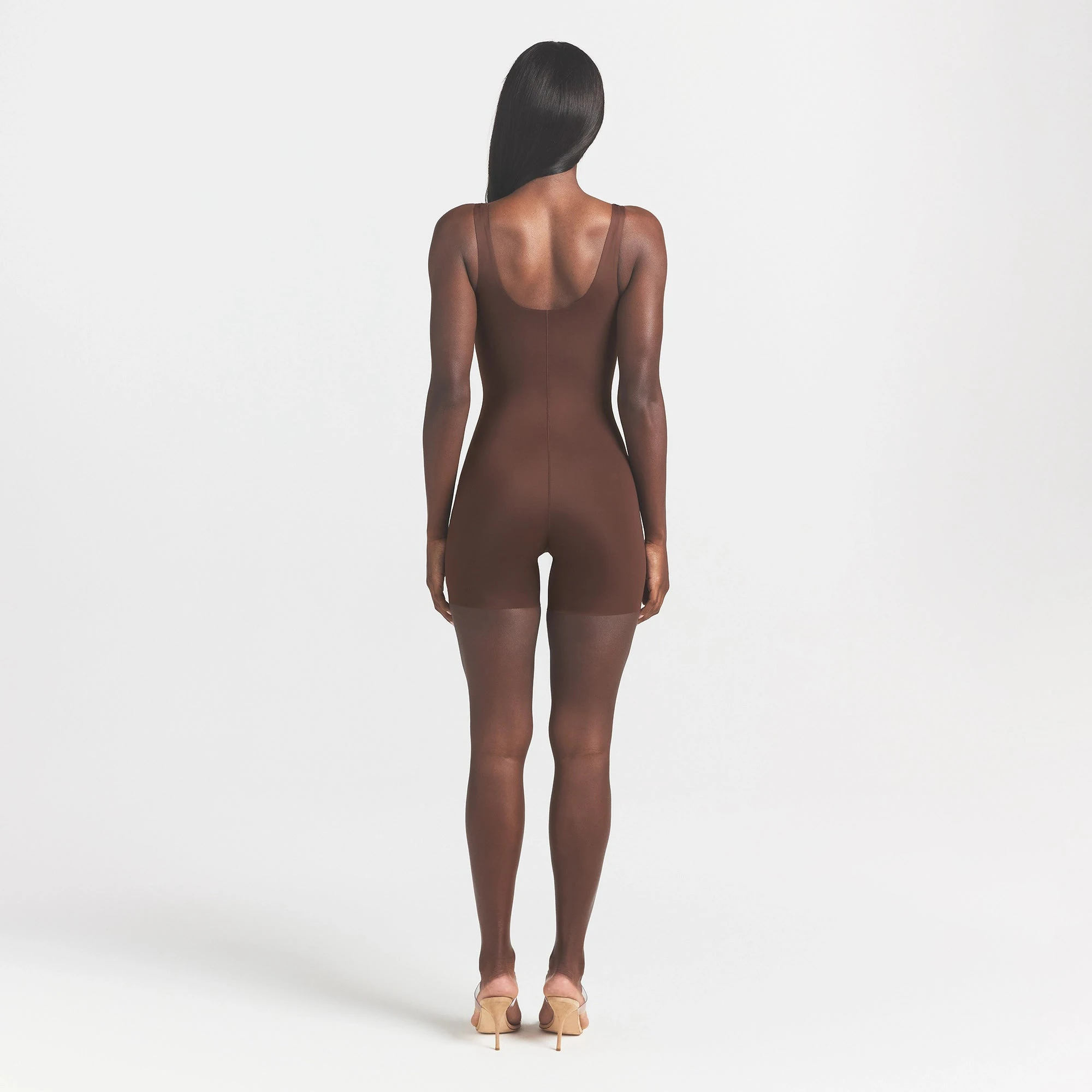 COOL SHAPEWEAR MID THIGH BODYSUIT | COCOA ON A MODEL BACK VIEW @ | FOCUS: 0.0, 1.0, 0.9
