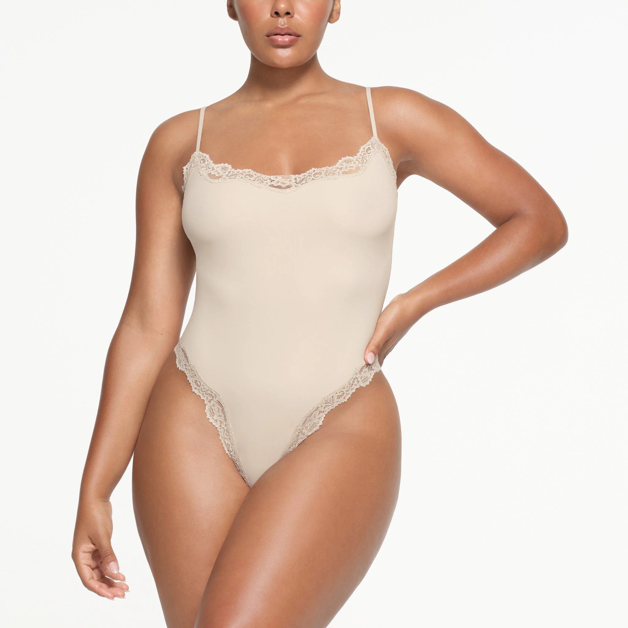 FITS EVERYBODY LACE CAMI BODYSUIT | STONE ON A MODEL FRONT VIEW