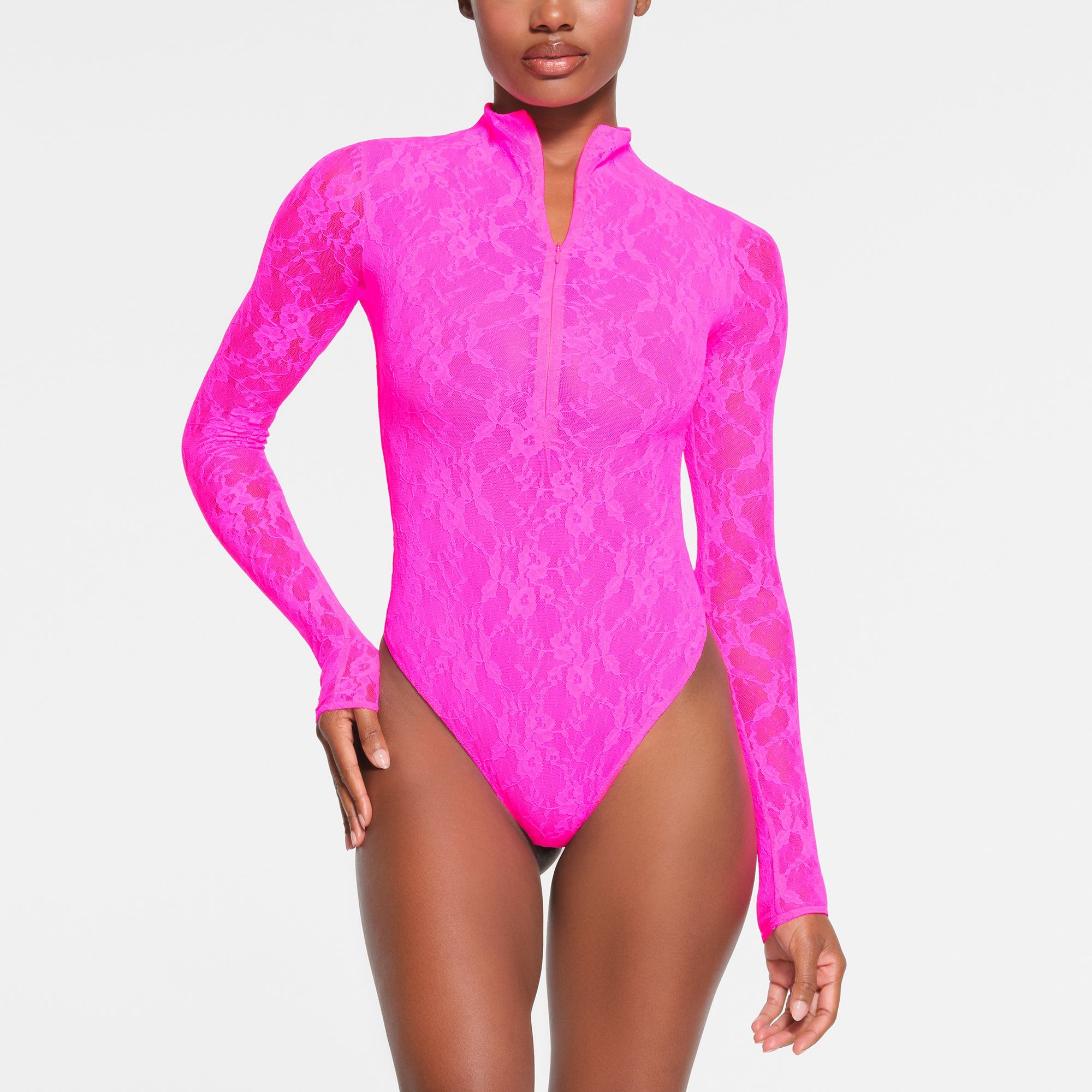 STRETCH LACE LINED LONG SLEEVE THONG BODYSUIT NEON PINK