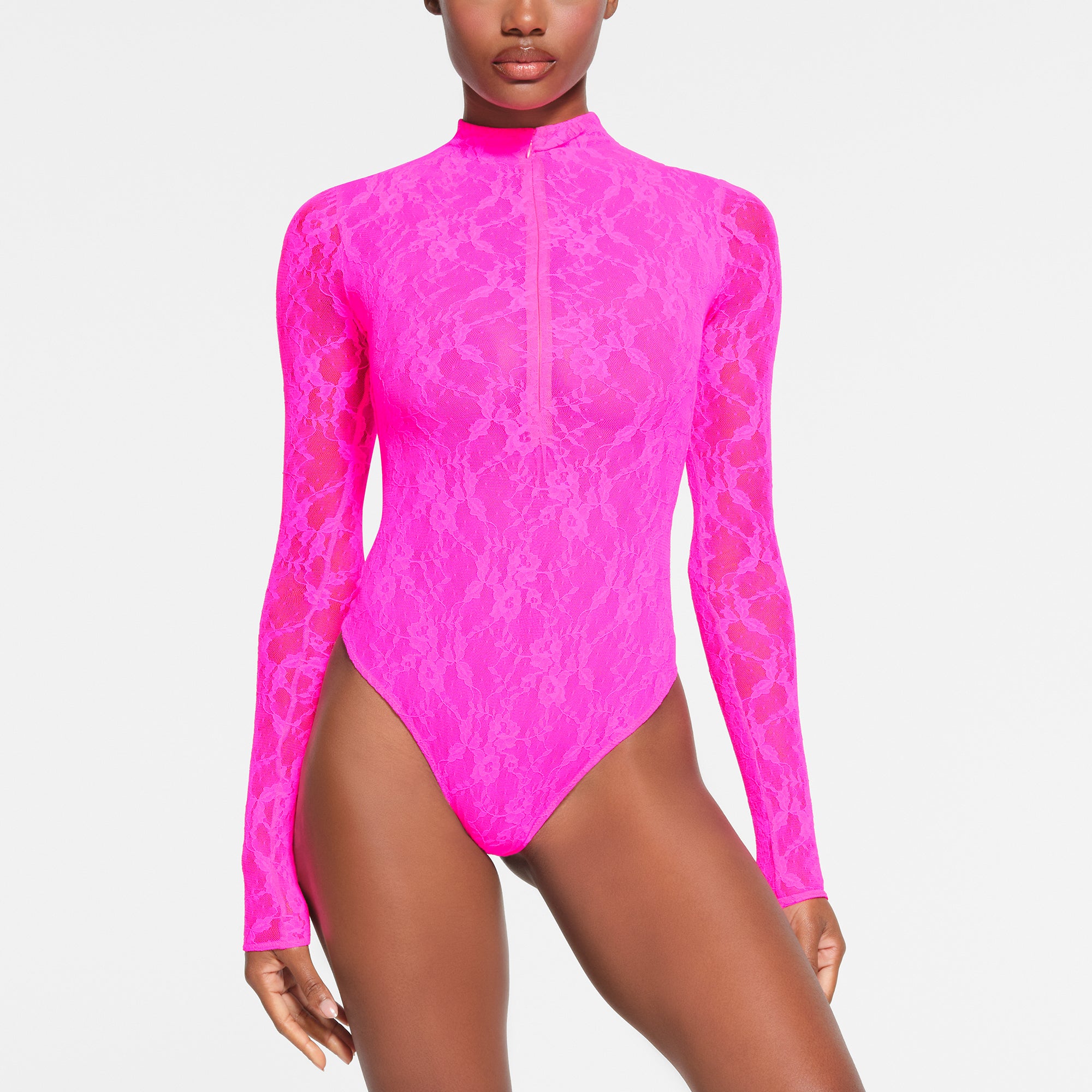 STRETCH LACE LINED LONG SLEEVE THONG BODYSUIT NEON PINK