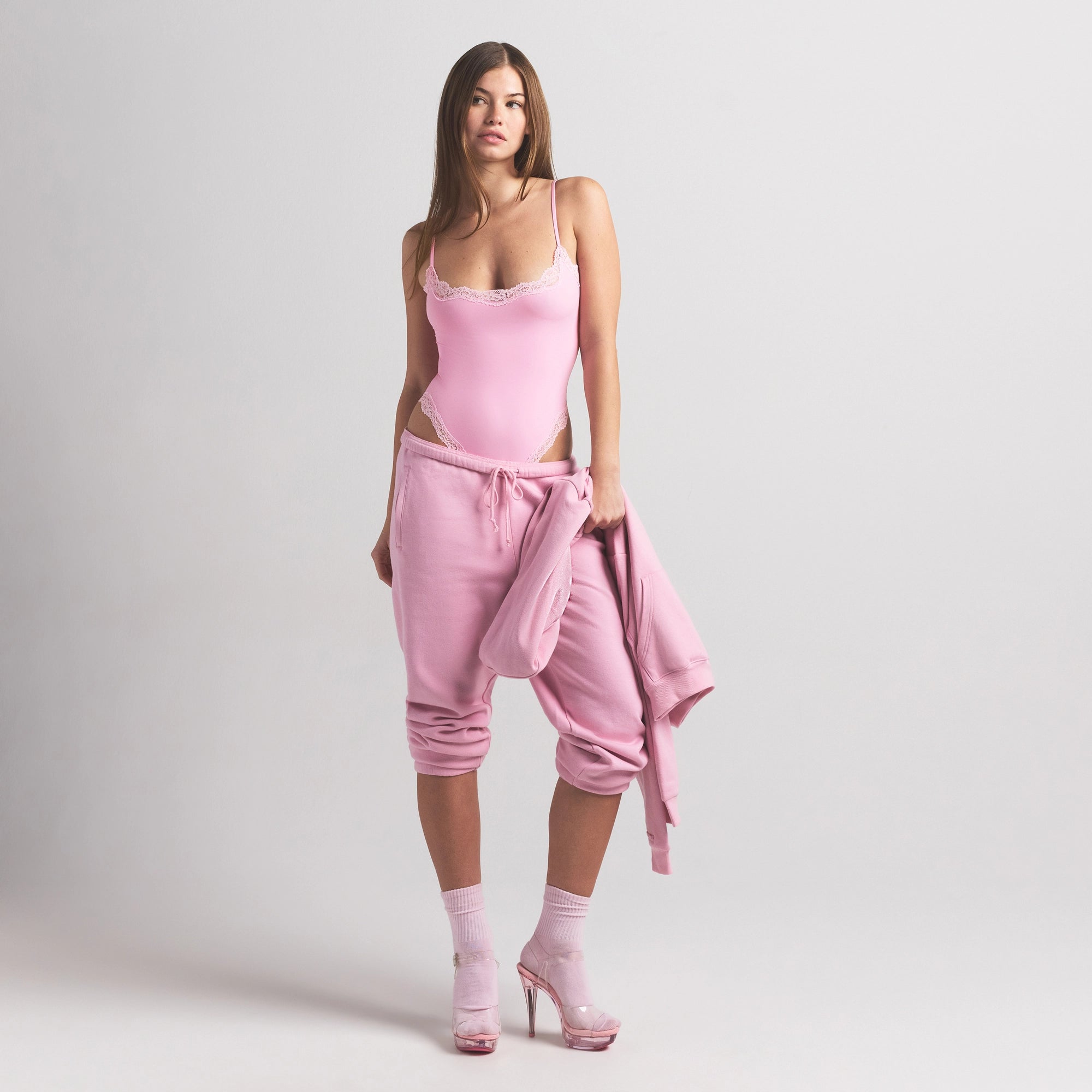 FITS EVERYBODY LACE CAMI BODYSUIT | BUBBLE GUM TONAL ON A MODEL FRONT VIEW @ | FOCUS: 0.0, 1.0, 0.9