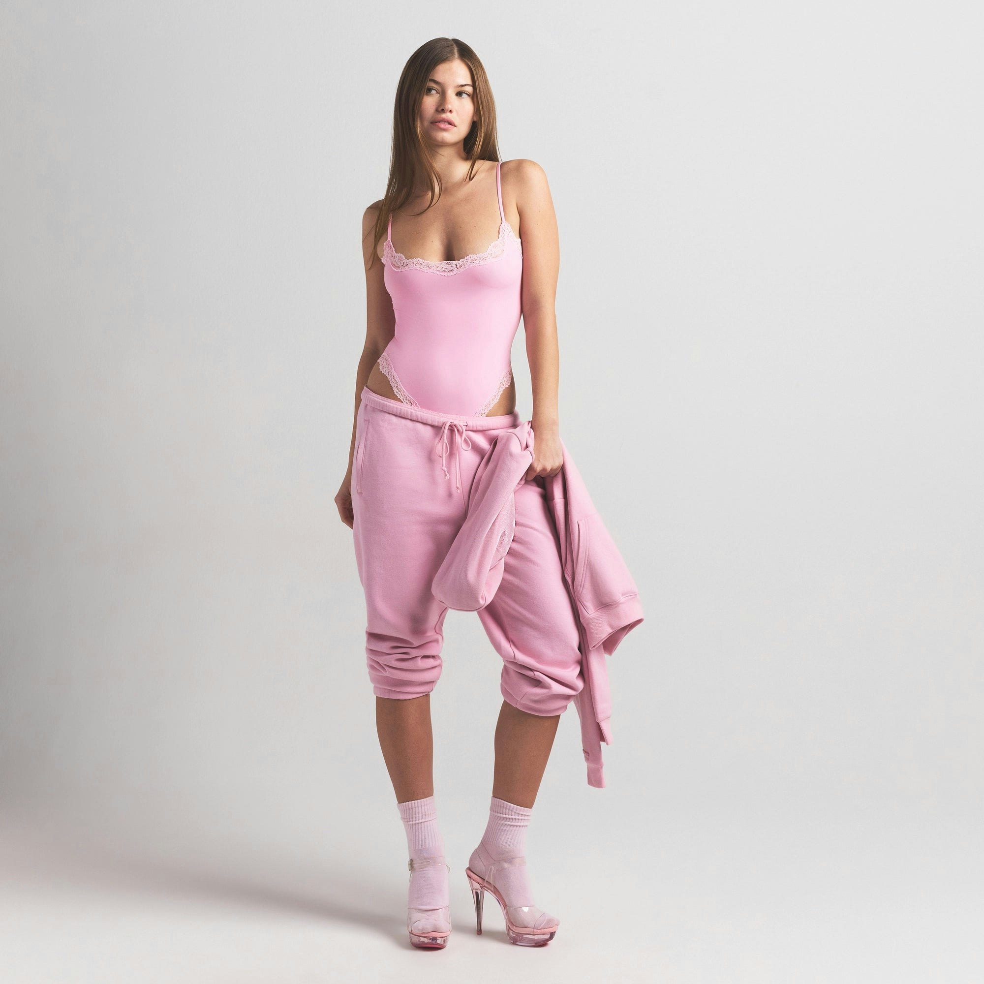 FITS EVERYBODY LACE CAMI BODYSUIT | BUBBLE GUM TONAL ON A MODEL FRONT VIEW @ | FOCUS: 0.0, 1.0, 0.9