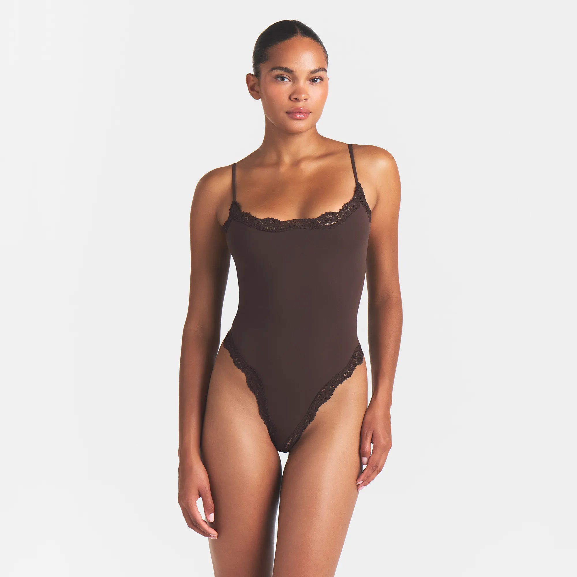 FITS EVERYBODY LACE CAMI BODYSUIT | ESPRESSO ON A MODEL FRONT VIEW @ | FOCUS: 0.0, 1.0, 0.9