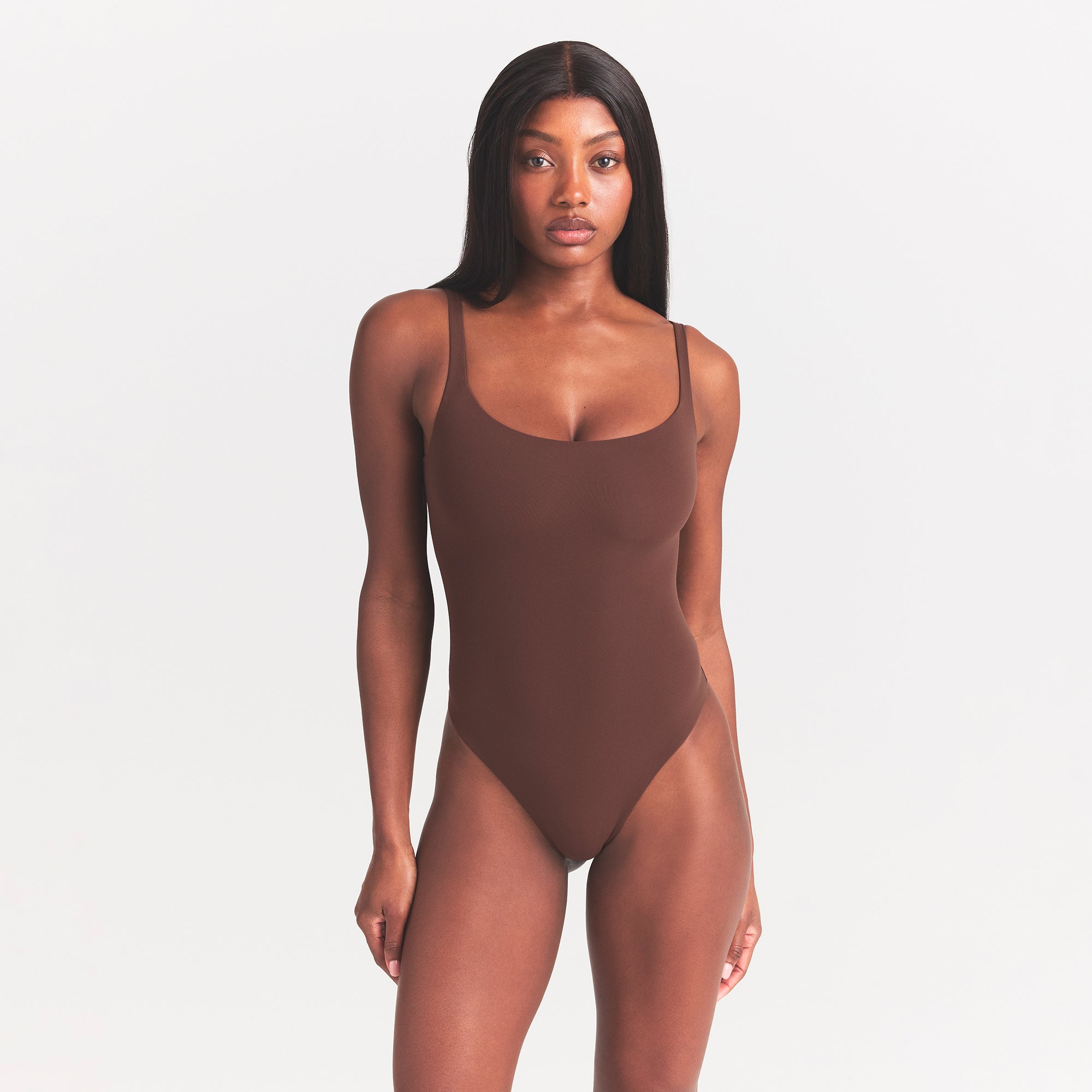 FITS EVERYBODY SQUARE NECK BODYSUIT | COCOA ON A MODEL FRONT VIEW @ | FOCUS: 0.0, 1.0, 0.9