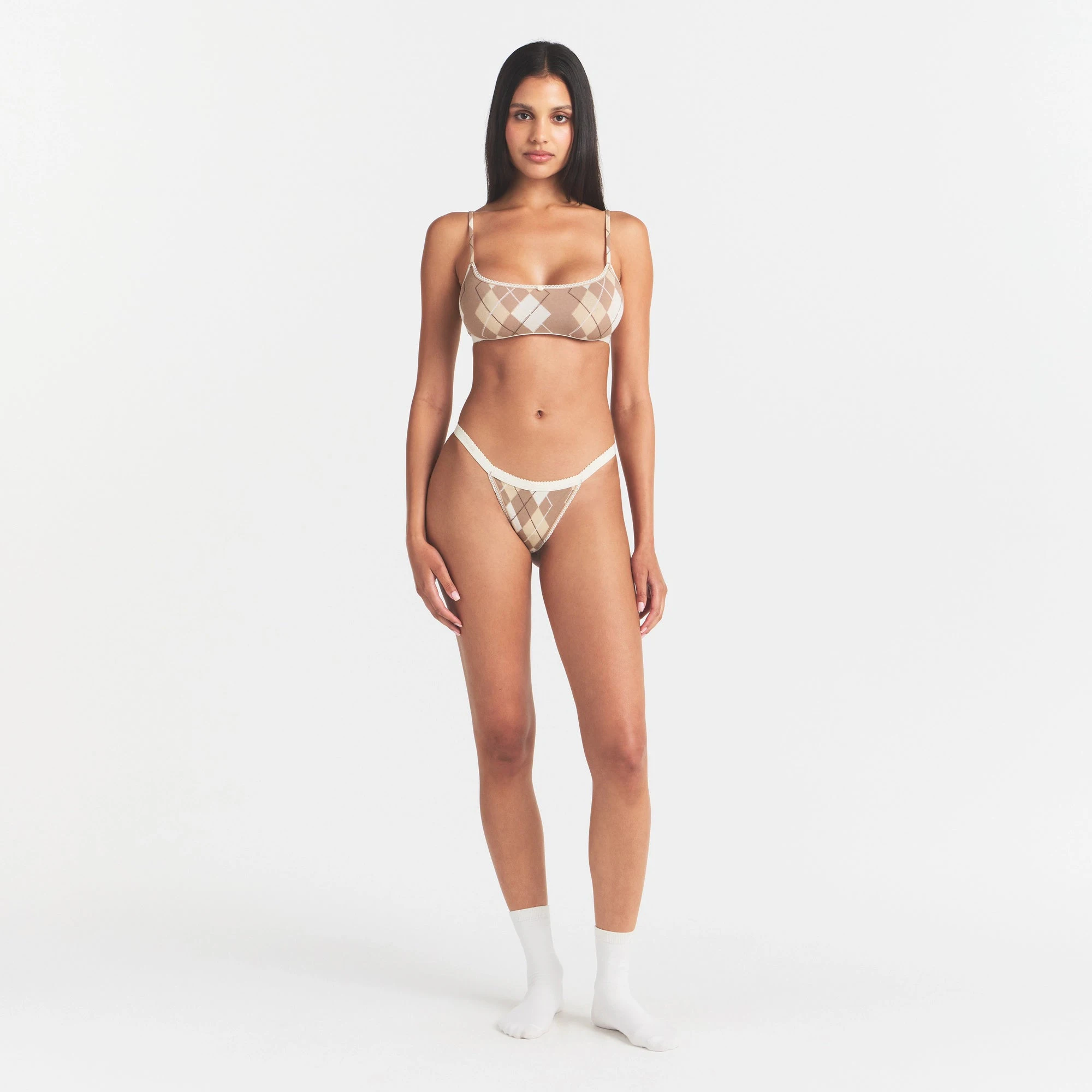 LIGHTWEIGHT COTTON LOGO PICOT STRING BIKINI | CAFE ARGYLE PRINT ON A MODEL FRONT VIEW @ | FOCUS: 0.0, 1.0, 0.9
