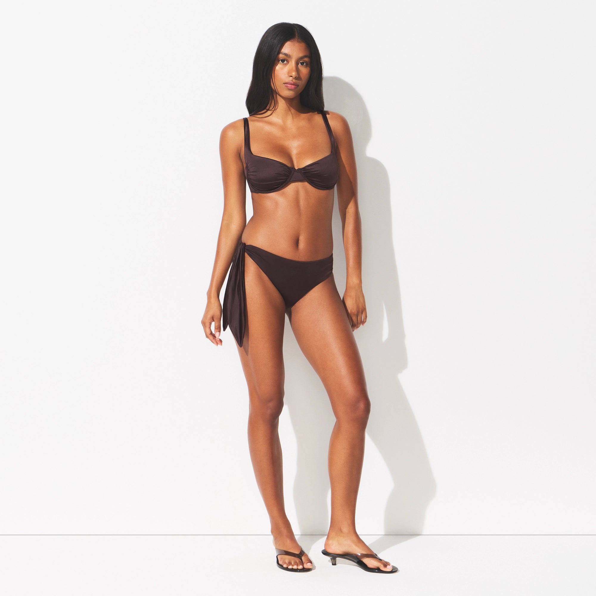 SATIN SWIM TIE SIDE BIKINI BOTTOM | PHOENIX ON A MODEL FRONT VIEW @ | FOCUS: 0.0, 1.0, 0.9 