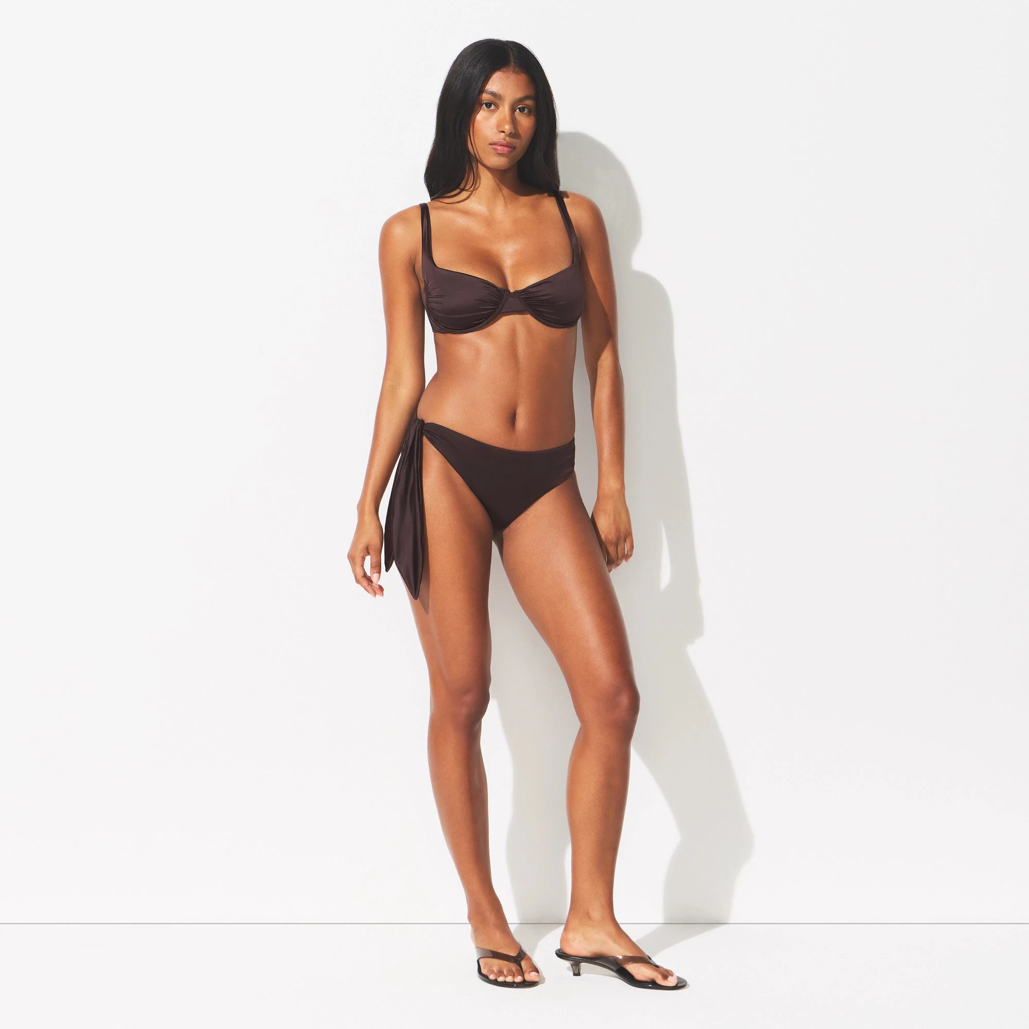 SATIN SWIM TIE SIDE BIKINI BOTTOM | PHOENIX ON A MODEL FRONT VIEW @ | FOCUS: 0.0, 1.0, 0.9