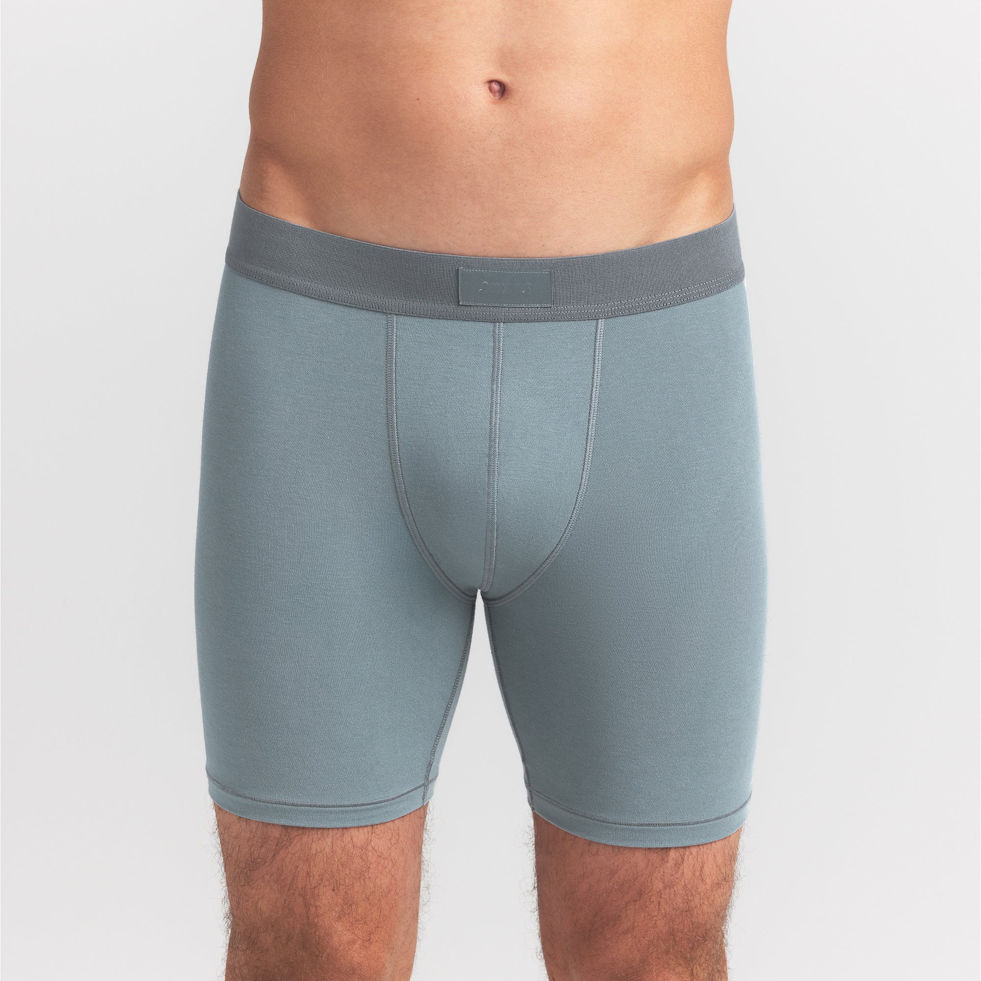SKIMS COTTON MENS 5" BOXER BRIEF | SKY ON A MODEL FRONT VIEW @ | FOCUS: 0.0, 1.0, 0.9