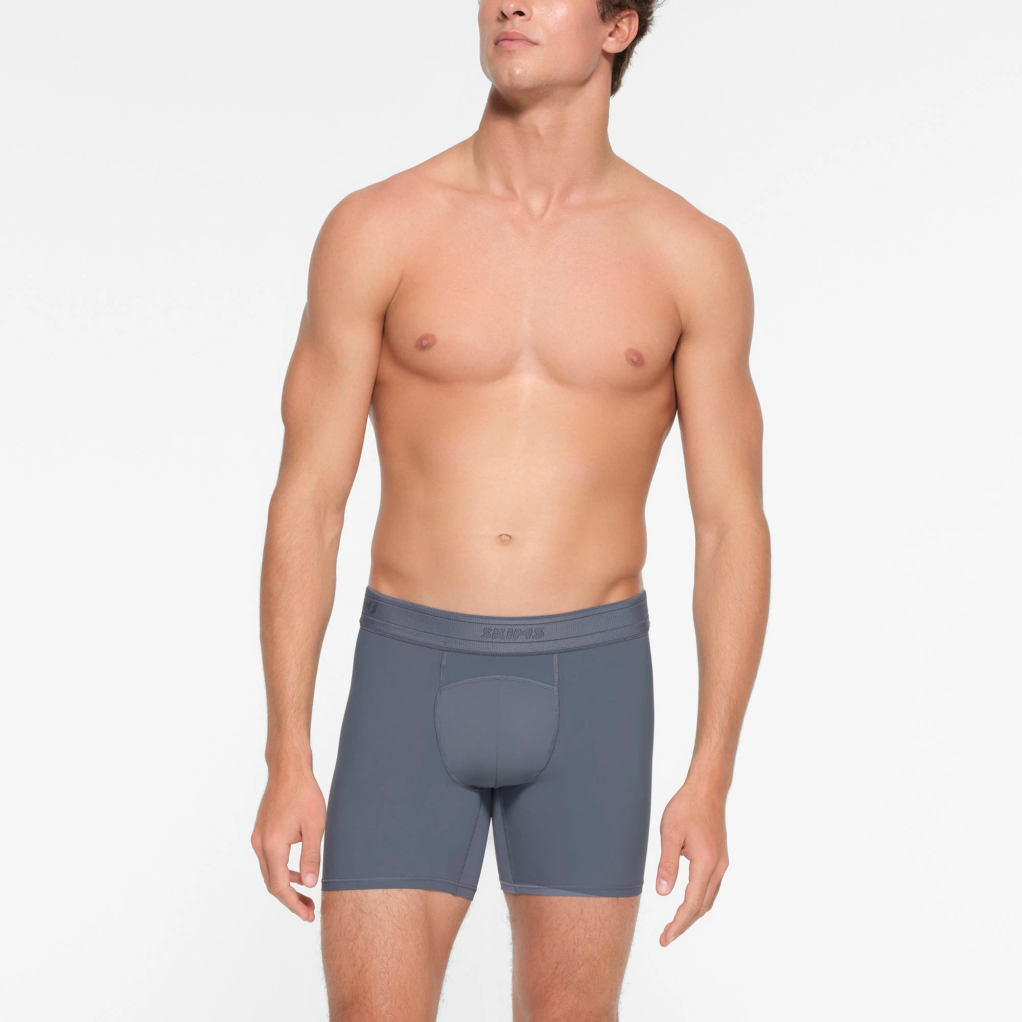 SKIMS SPORT MENS 5" BOXER BRIEF | STEEL BLUE  ON A MODEL FRONT VIEW