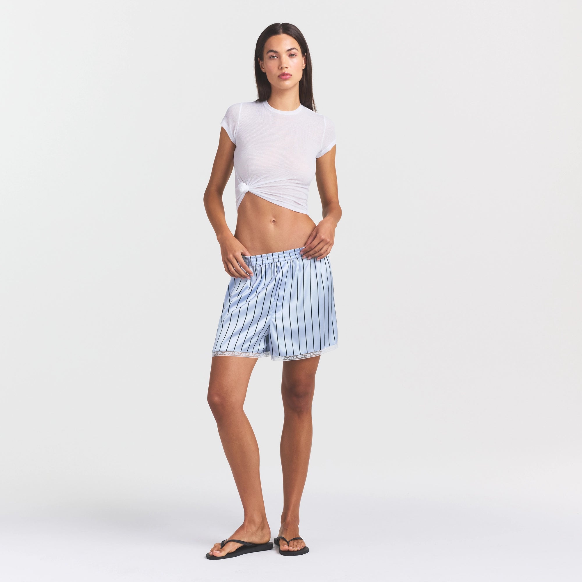 WOVEN SHINE LACE BOXER | PERIWINKLE WIDE STRIPE ON A MODEL FRONT VIEW @ | FOCUS: 0.0, 1.0, 0.9