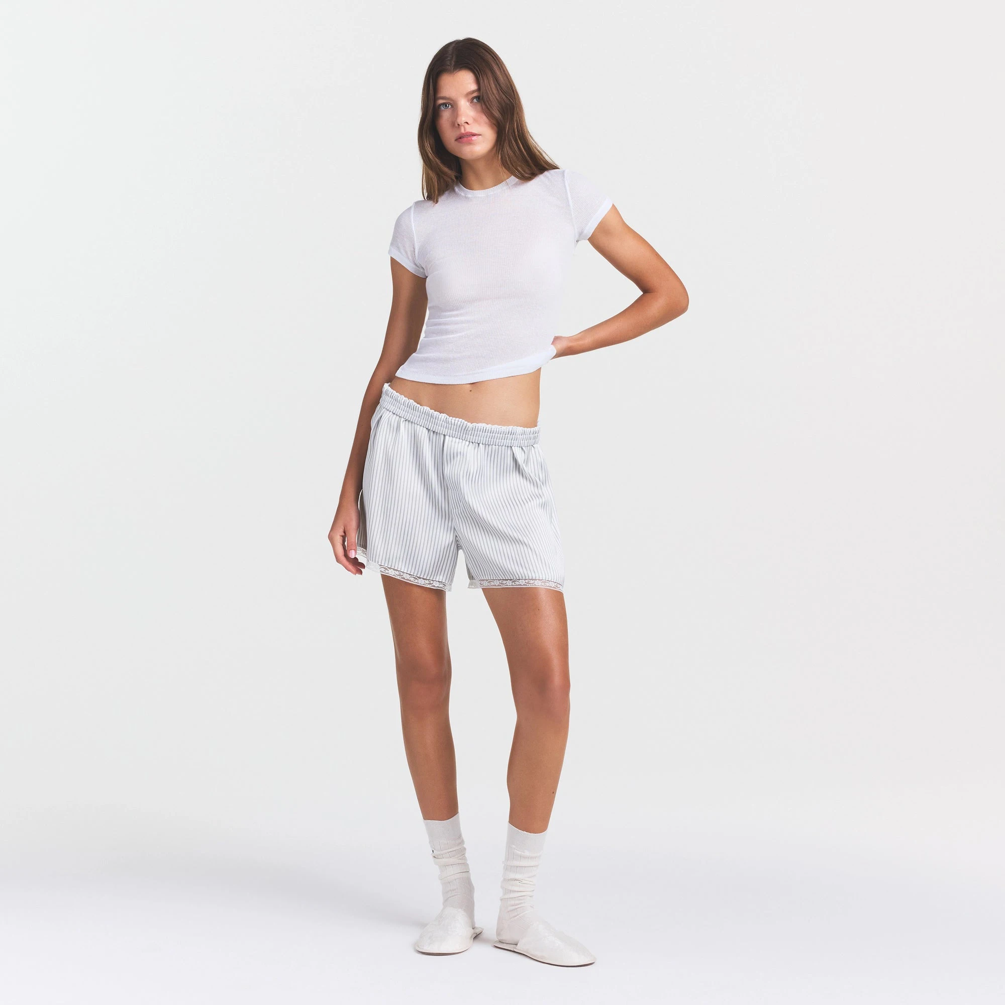 WOVEN SHINE LACE BOXER | SILVER TRIPLE PINSTRIPE ON A MODEL SIDE VIEW @ | FOCUS: 0.0, 1.0, 0.9