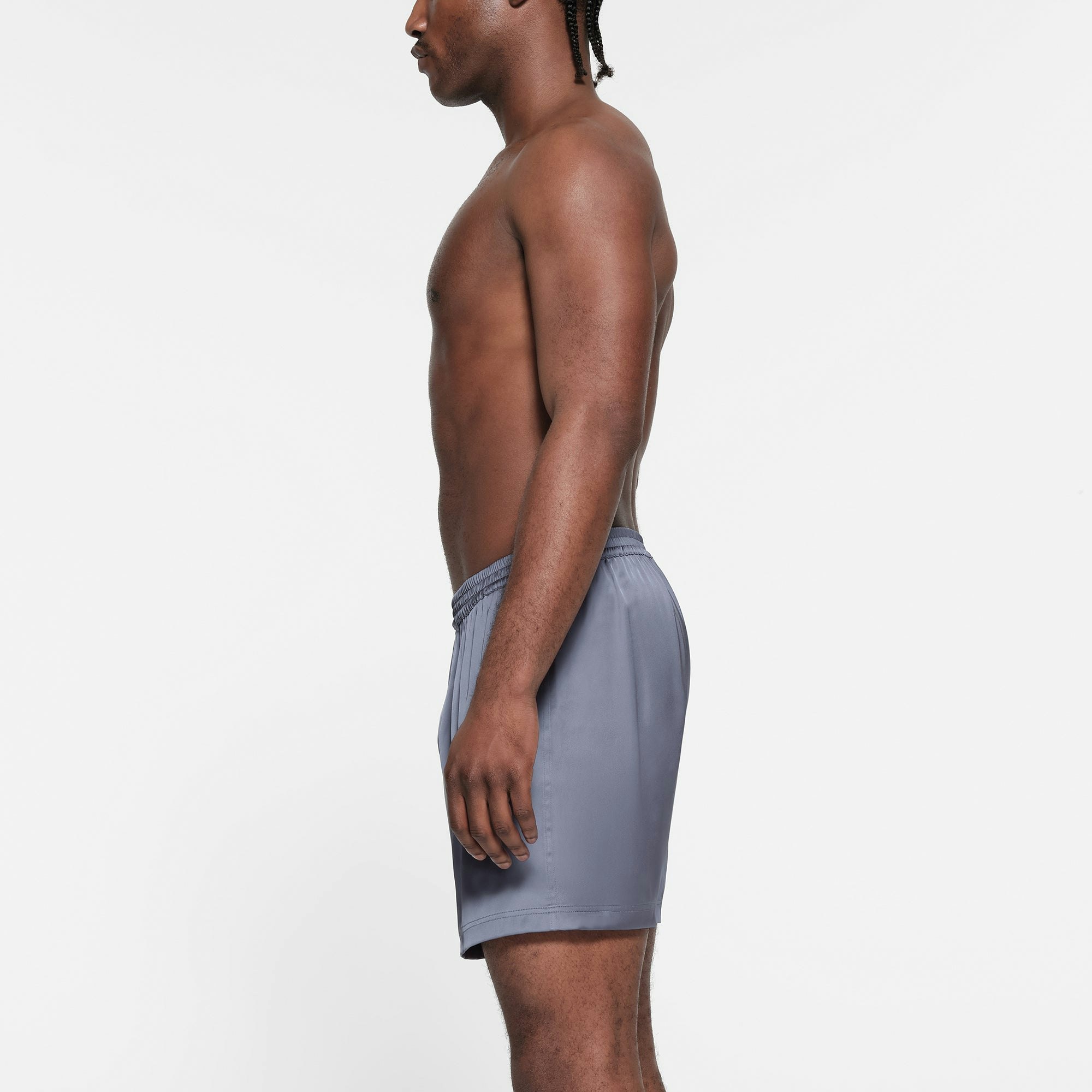 SATEEN SLEEP MENS BOXER | SLATE ON A MODEL SIDE VIEW