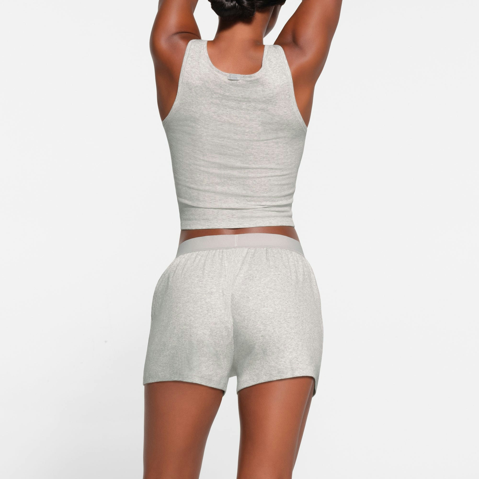 COTTON RIB LOOSE BOXER | LIGHT HEATHER GREY ON A MODEL BACK VIEW