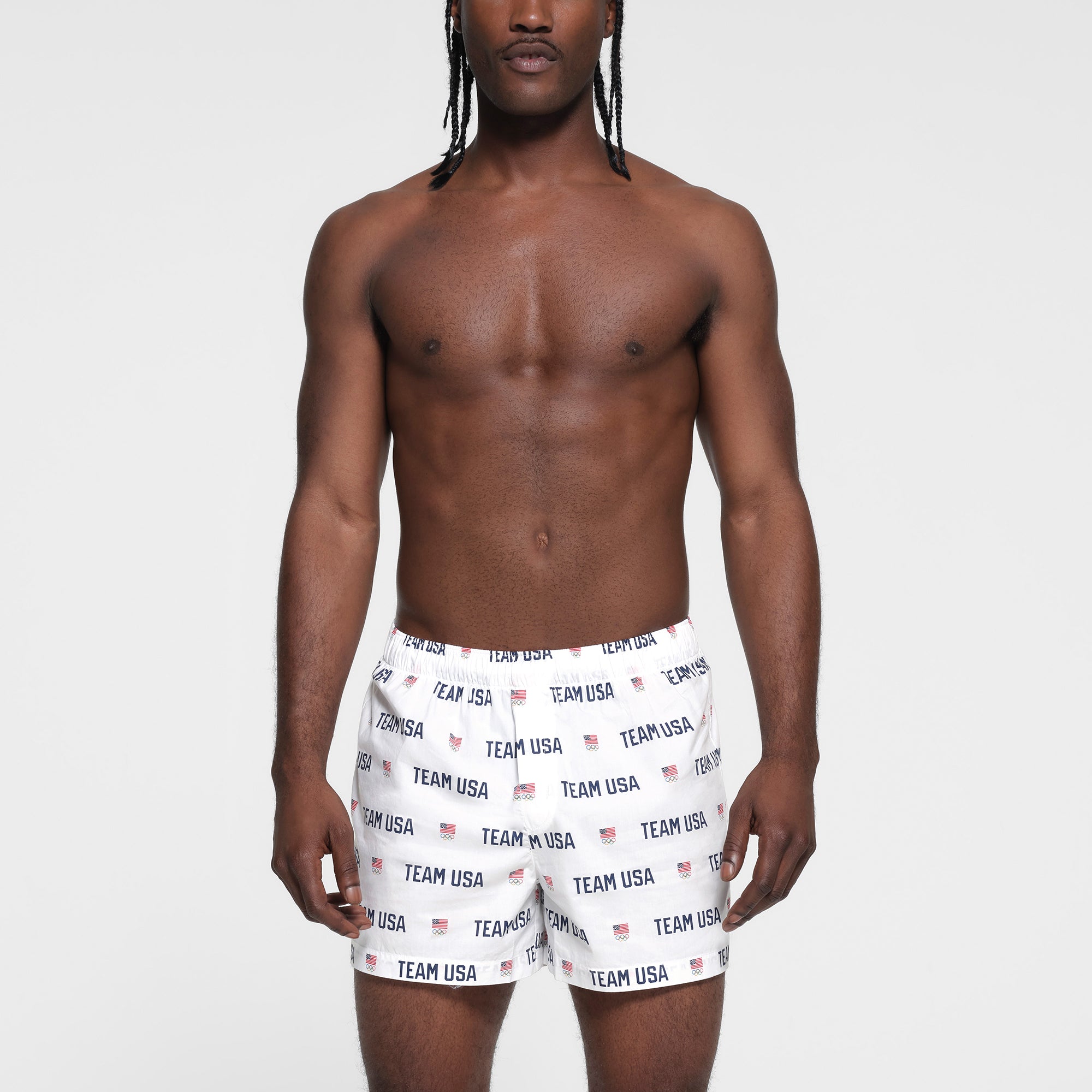 SKIMS FOR TEAM USA COTTON POPLIN SLEEP MENS OLYMPIC BOXER WHITE