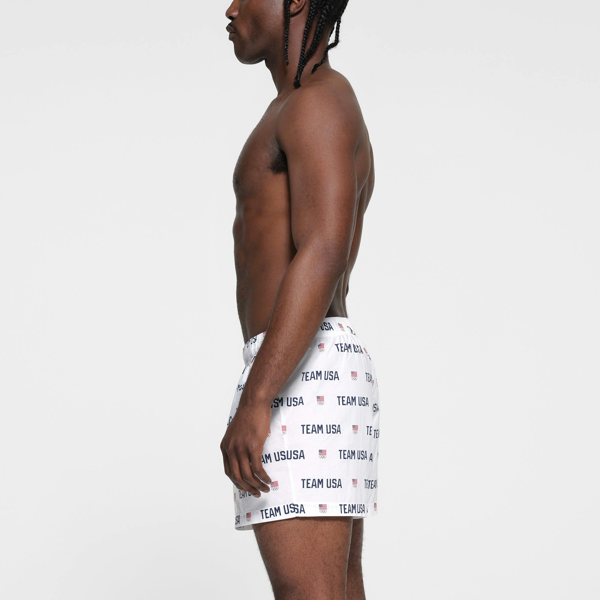 SKIMS FOR TEAM USA COTTON POPLIN SLEEP MENS OLYMPIC BOXER | WHITE ON A MODEL SIDE VIEW