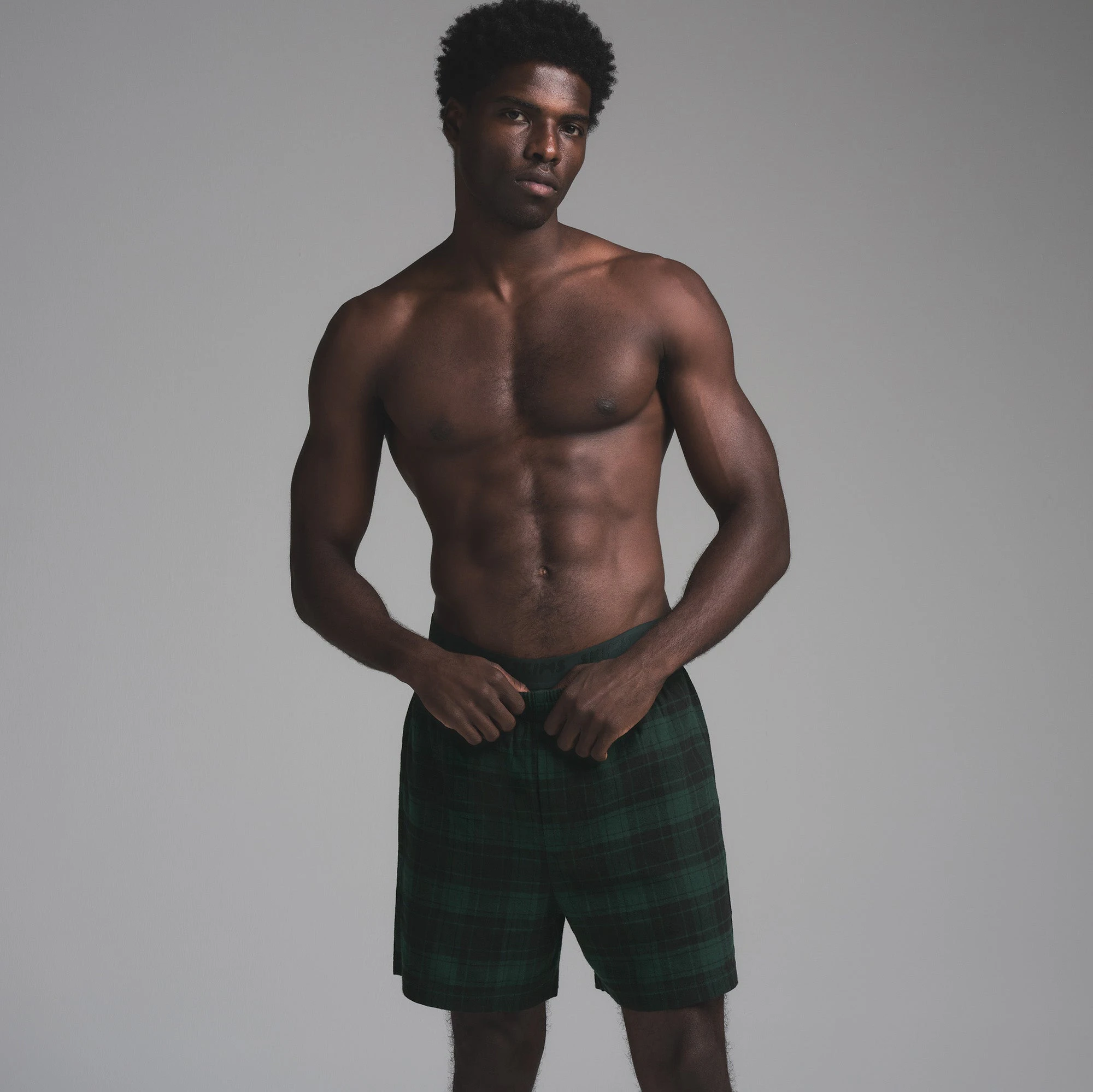 FLANNEL SLEEP MENS SHORT | CYPRESS PLAID ON A MODEL FRONT VIEW