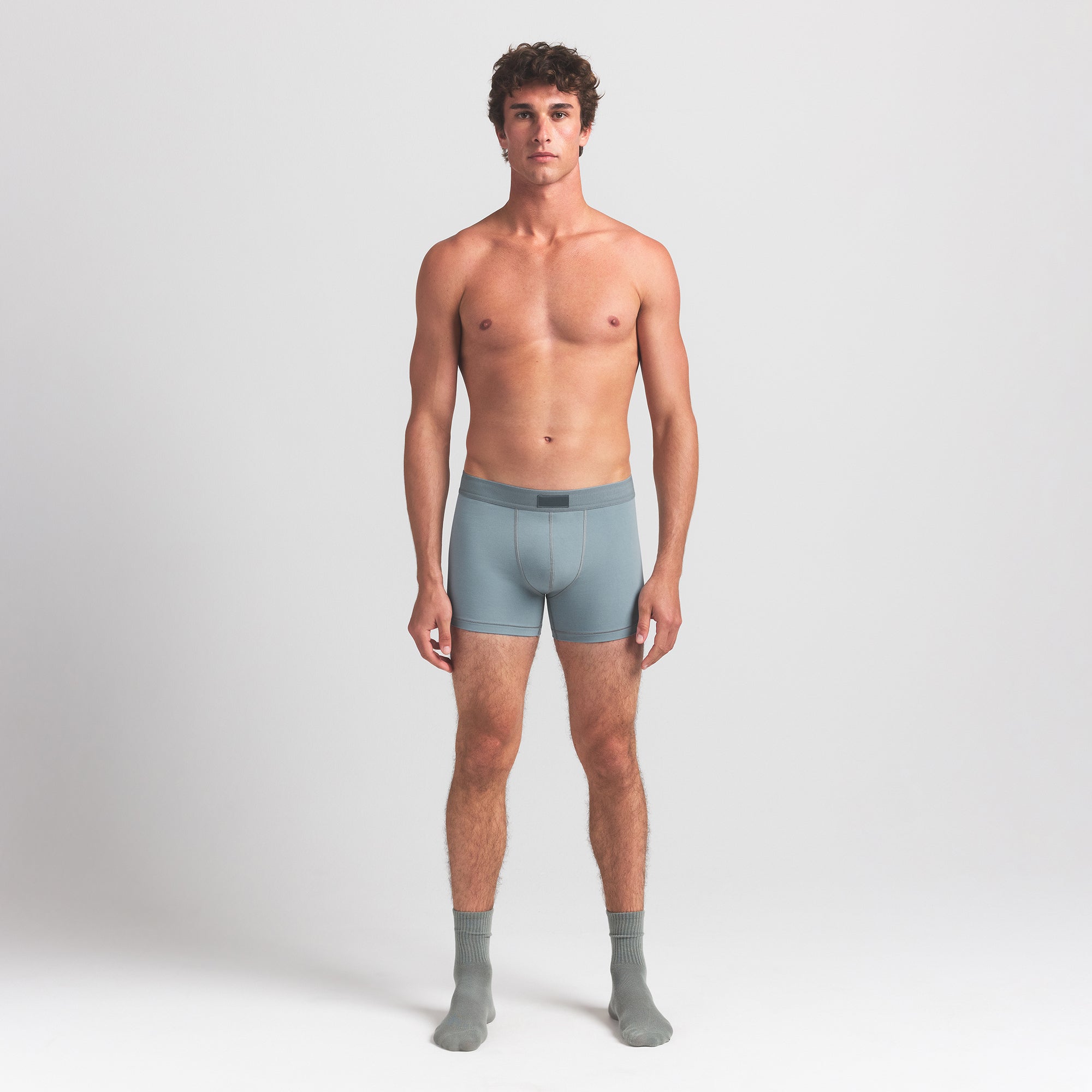 SKIMS COTTON MENS 3" BOXER BRIEF | SKY ON A MODEL FRONT VIEW @ | FOCUS: 0.0, 1.0, 0.9