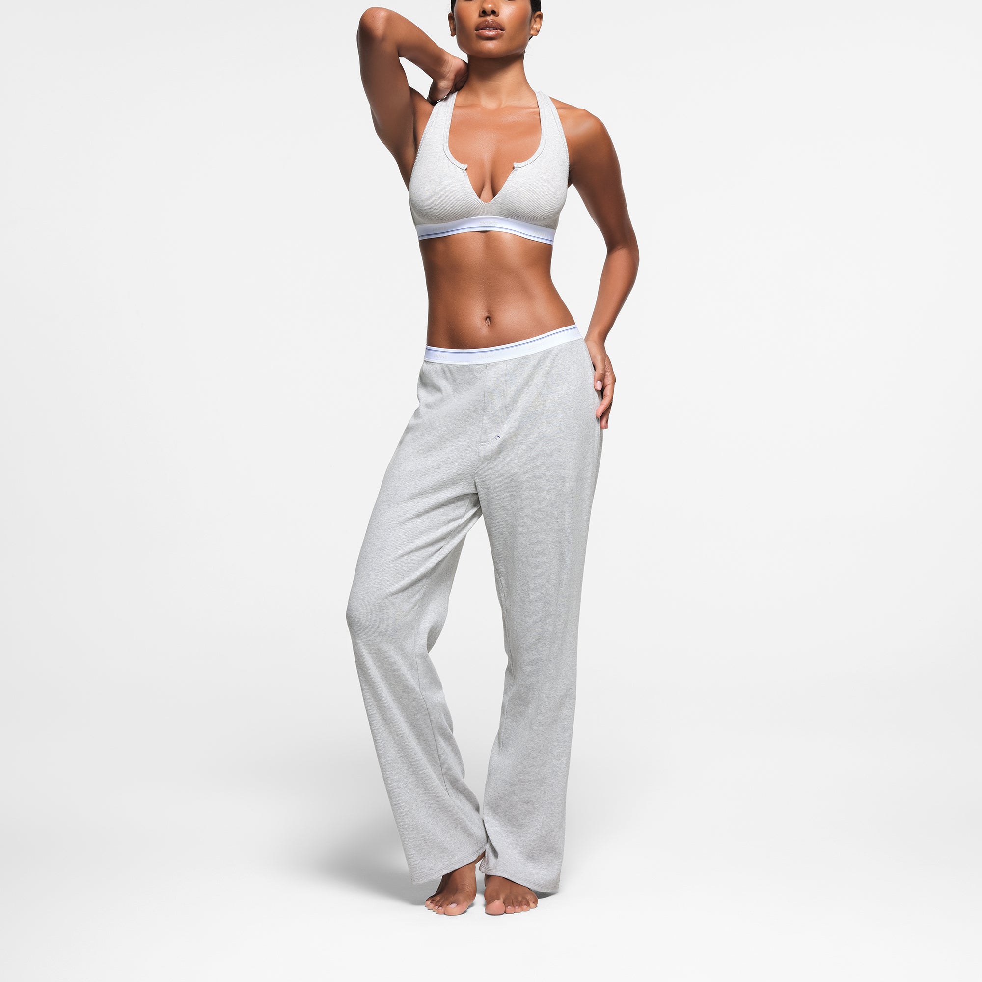 COTTON RIB STRAIGHT LEG PANT | LIGHT HEATHER GREY STRIPE | XXS