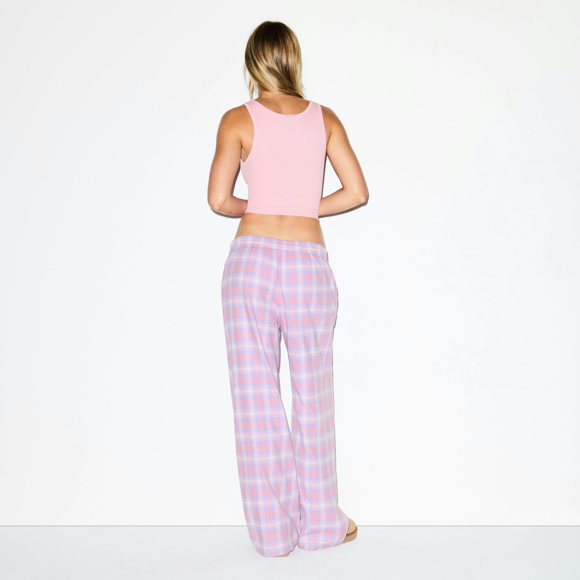 FLANNEL SLEEP OVERSIZED PANT | COTTON CANDY PLAID ON A MODEL FRONT VIEW @ | FOCUS: 0.0, 1.0, 0.9