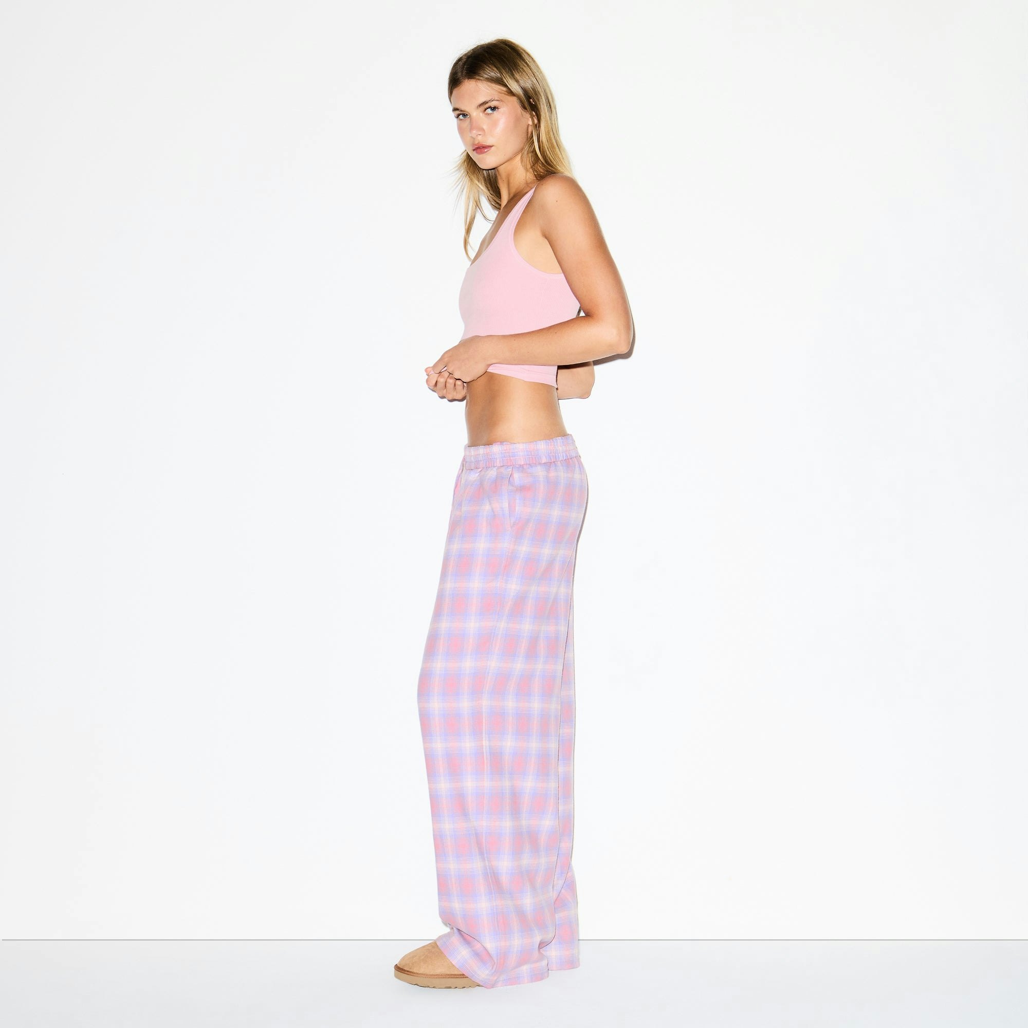 FLANNEL SLEEP OVERSIZED PANT | COTTON CANDY PLAID ON A MODEL FRONT VIEW @ | FOCUS: 0.0, 1.0, 0.9