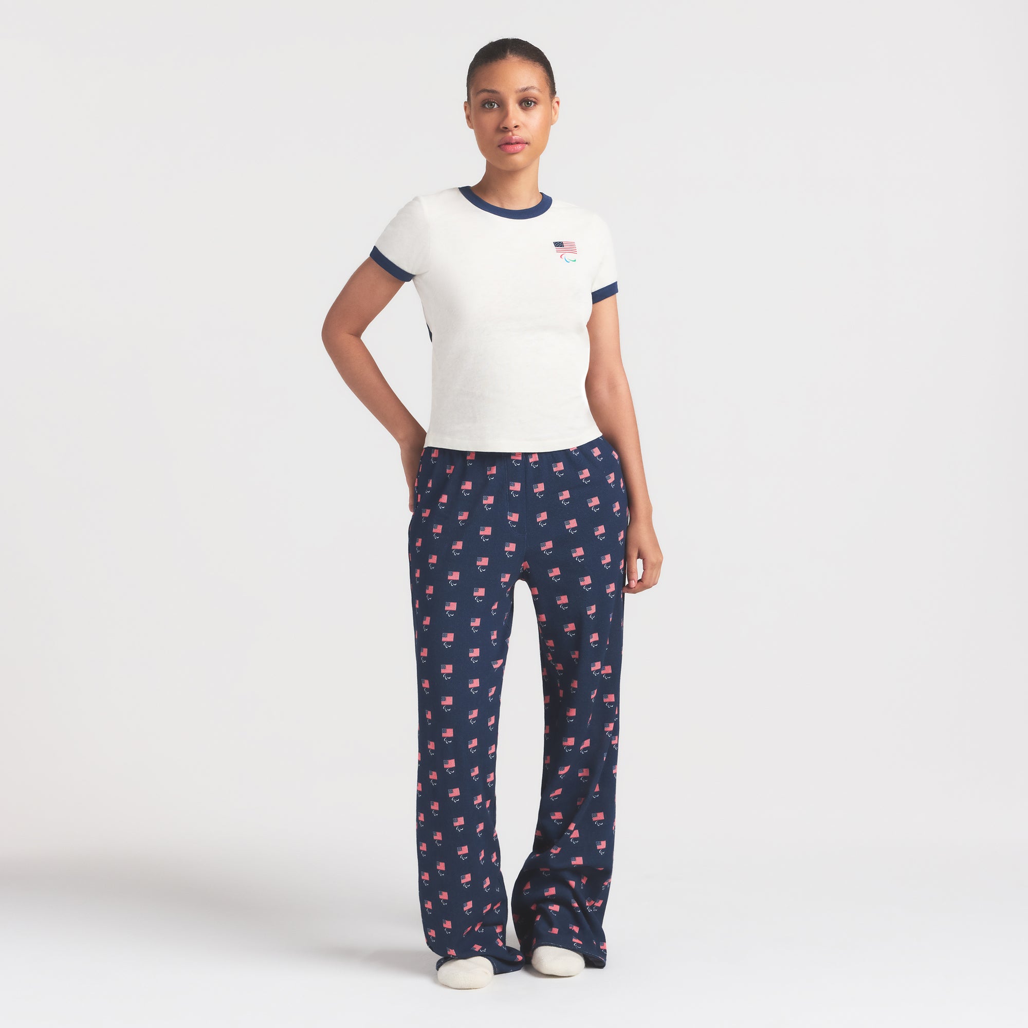 SKIMS FOR TEAM USA HEAVY POINTELLE PARALYMPIC PANT | NAVY ON A MODEL FRONT VIEW @ | FOCUS: 0.0, 1.0, 0.9