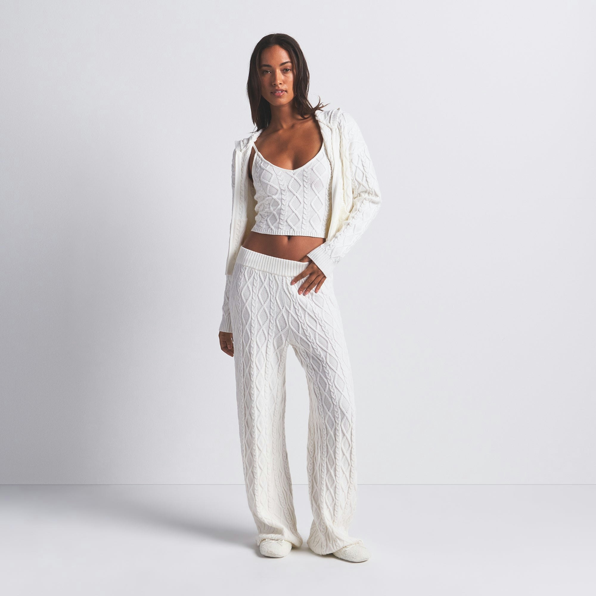 SWEATER KNIT STRAIGHT LEG PANT | IVORY ON A MODEL FRONT VIEW @ | FOCUS: 0.0, 1.0, 0.9