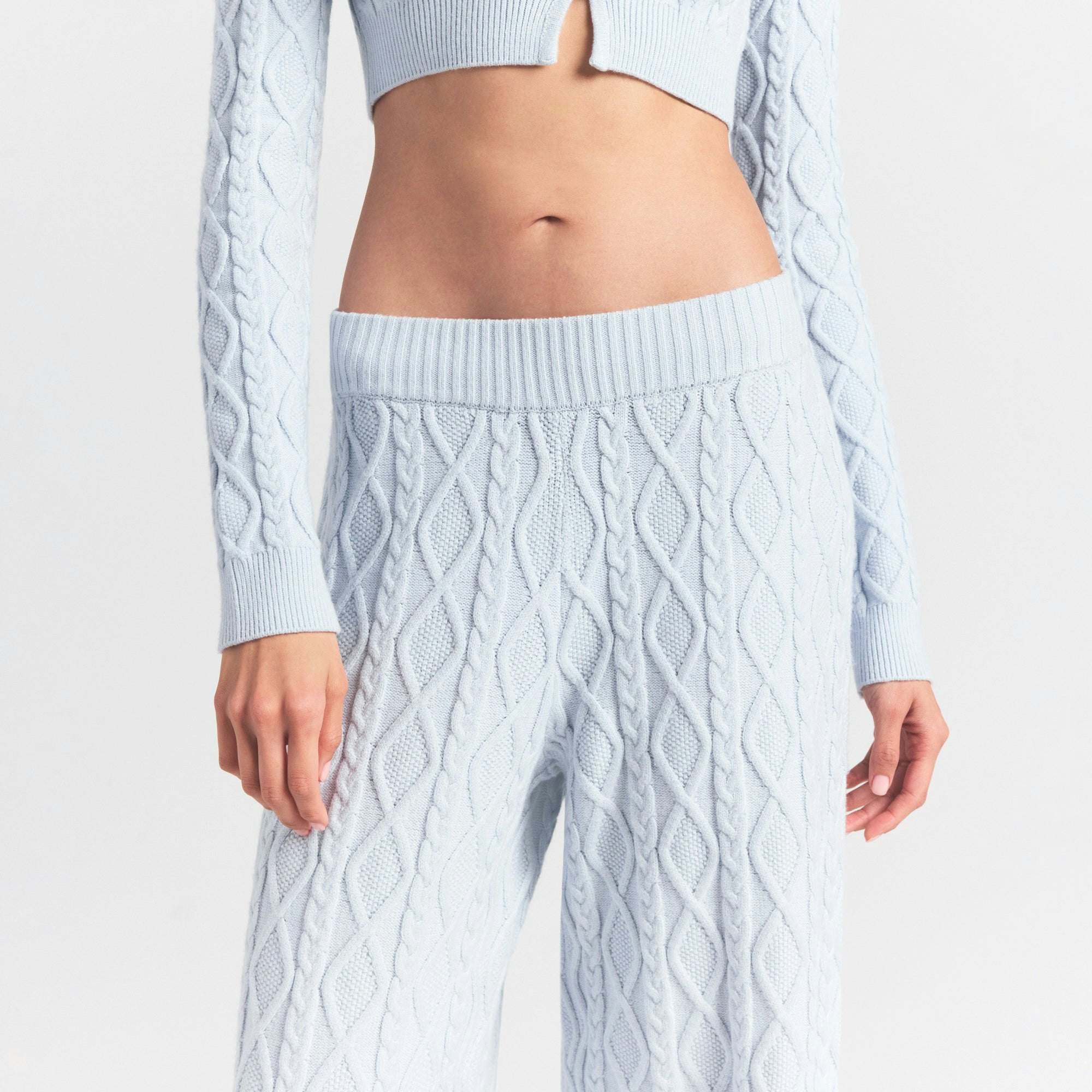 SWEATER KNITS CABLE STRAIGHT LEG PANT | ZEN BLUE ON A MODEL SIDE VIEW @ | FOCUS: 0.0, 1.0, 0.9
