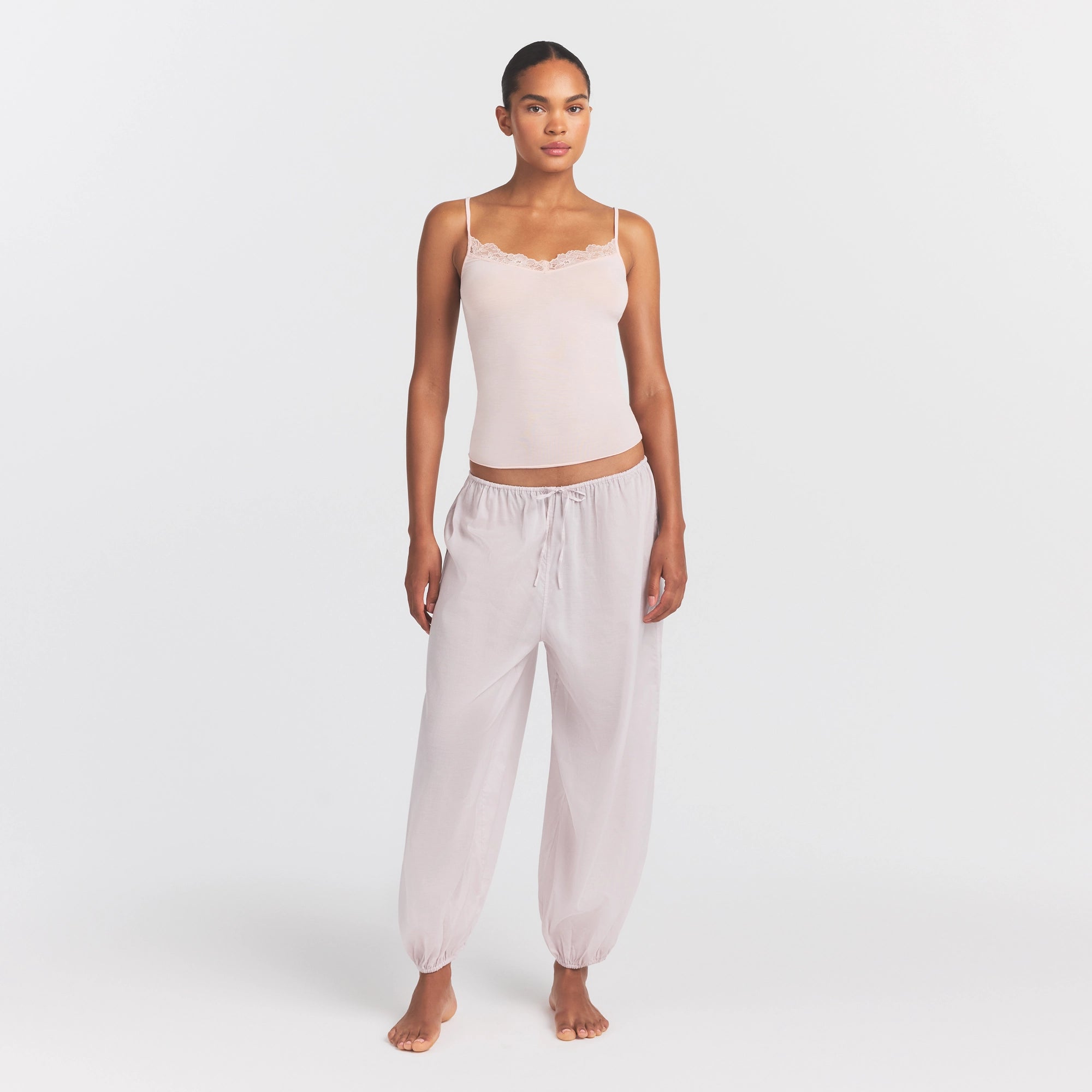 VOILE SLEEP BALLOON PANT | LIGHT LILAC ON A MODEL FRONT VIEW @ | FOCUS: 0.0, 1.0, 0.9