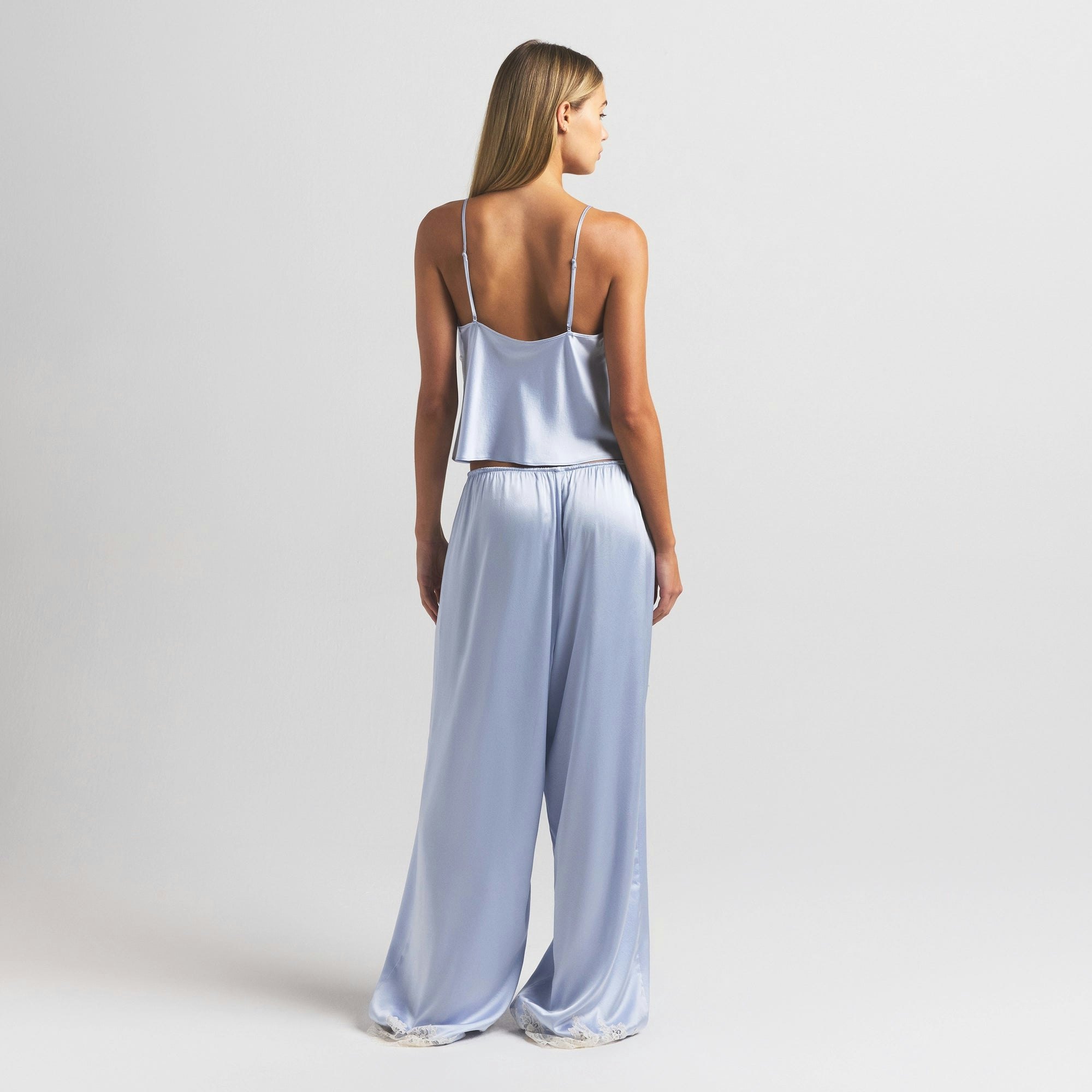 SILK LACE PANT | PERIWINKLE CONTRAST ON A MODEL FRONT VIEW @ | FOCUS: 0.0, 1.0, 0.9