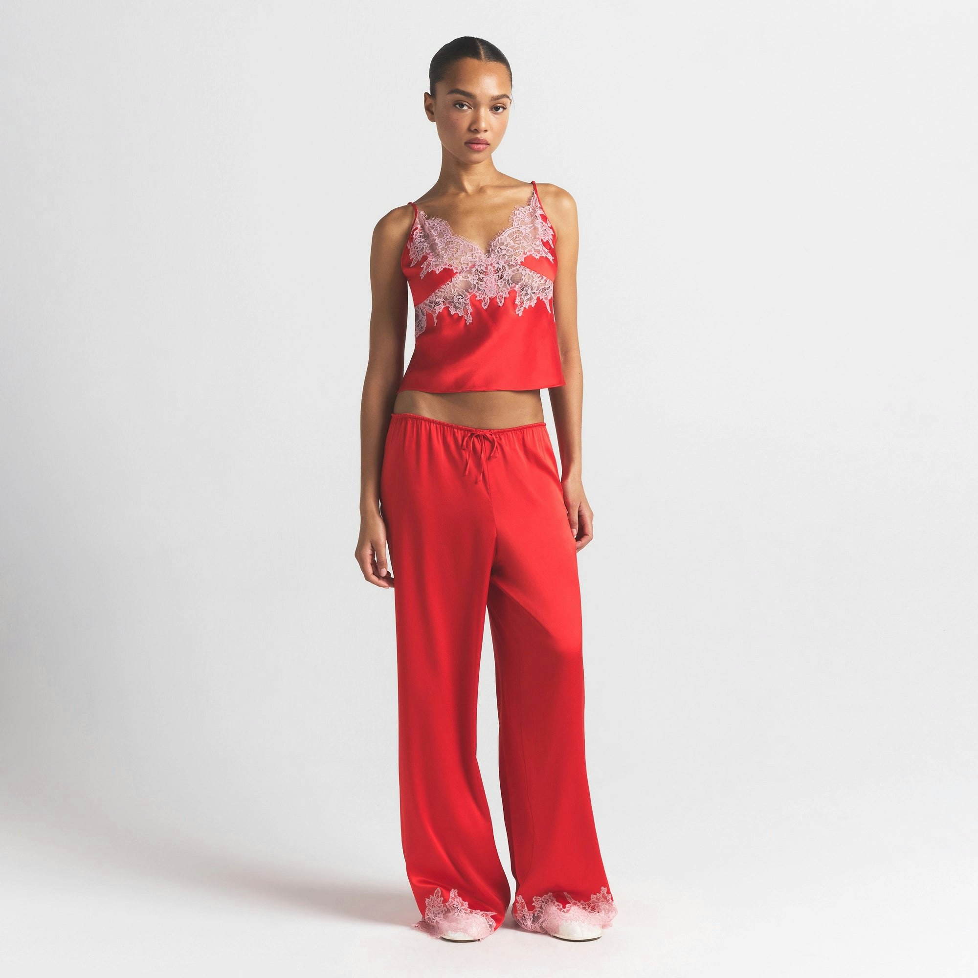 SILK LACE PANT | RUBY CONTRAST ON A MODEL FRONT VIEW @ | FOCUS: 0.0, 1.0, 0.9