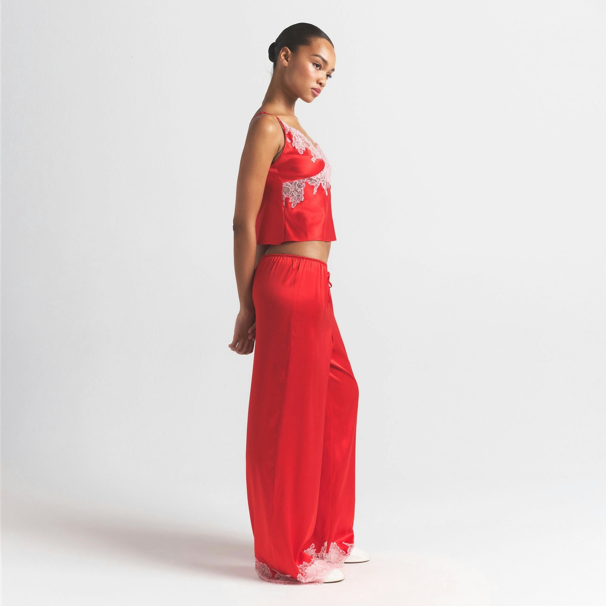 SILK LACE PANT | RUBY CONTRAST ON A MODEL FRONT VIEW @ | FOCUS: 0.0, 1.0, 0.9