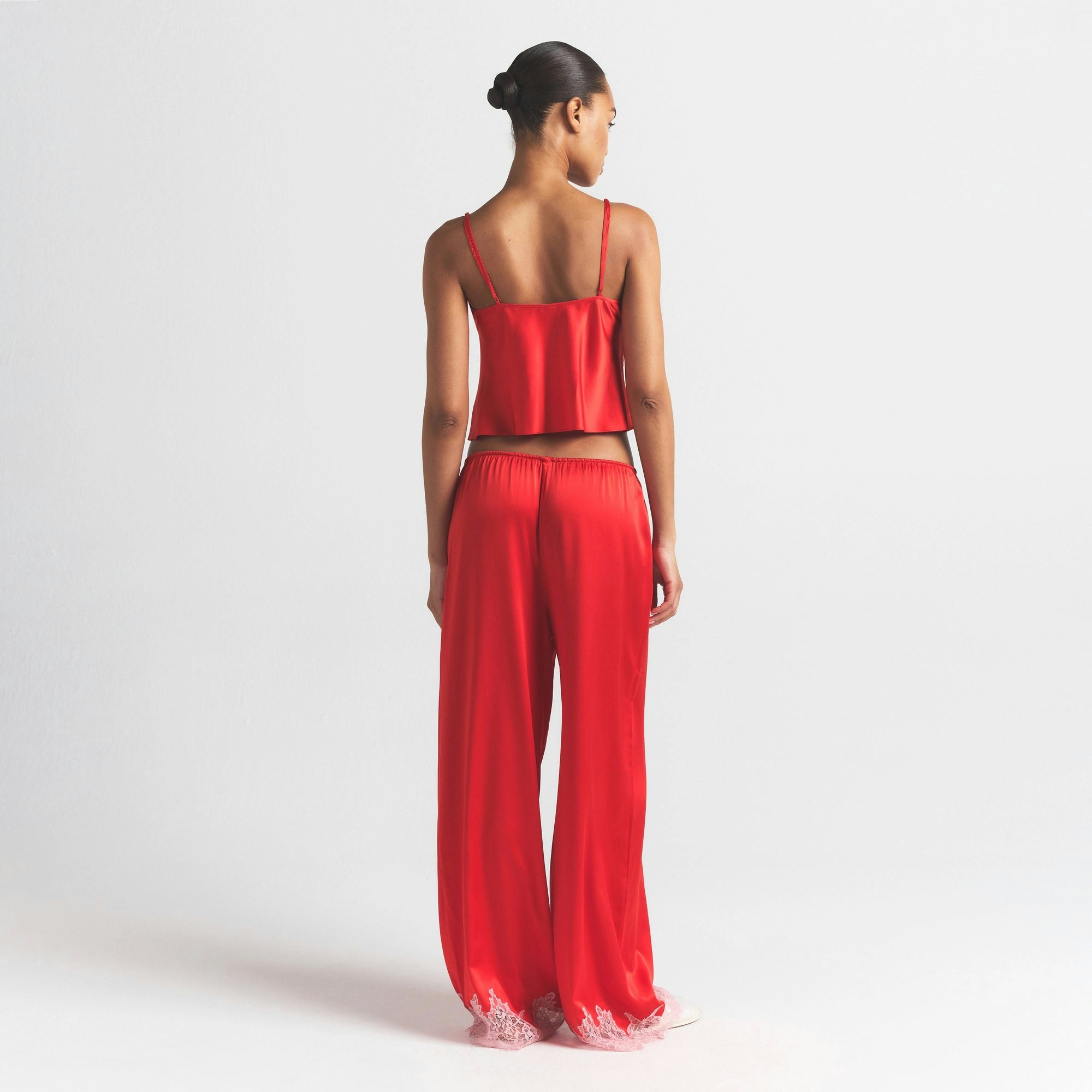 SILK LACE PANT | RUBY CONTRAST ON A MODEL FRONT VIEW @ | FOCUS: 0.0, 1.0, 0.9