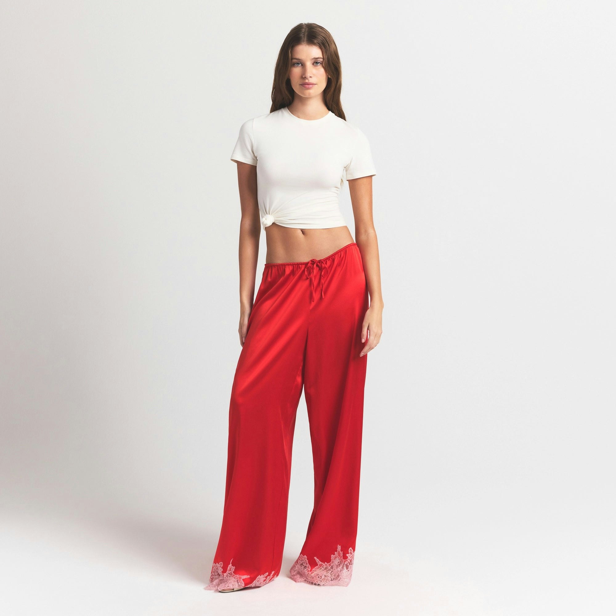 SILK LACE PANT | RUBY CONTRAST ON A MODEL FRONT VIEW @ | FOCUS: 0.0, 1.0, 0.9