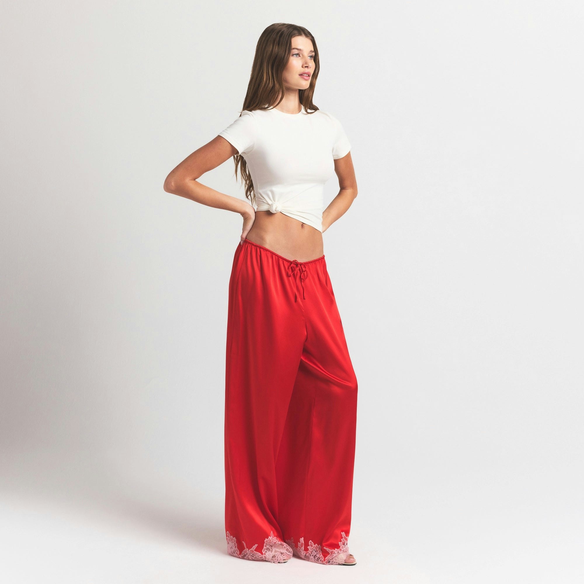 SILK LACE PANT | RUBY CONTRAST ON A MODEL FRONT VIEW @ | FOCUS: 0.0, 1.0, 0.9
