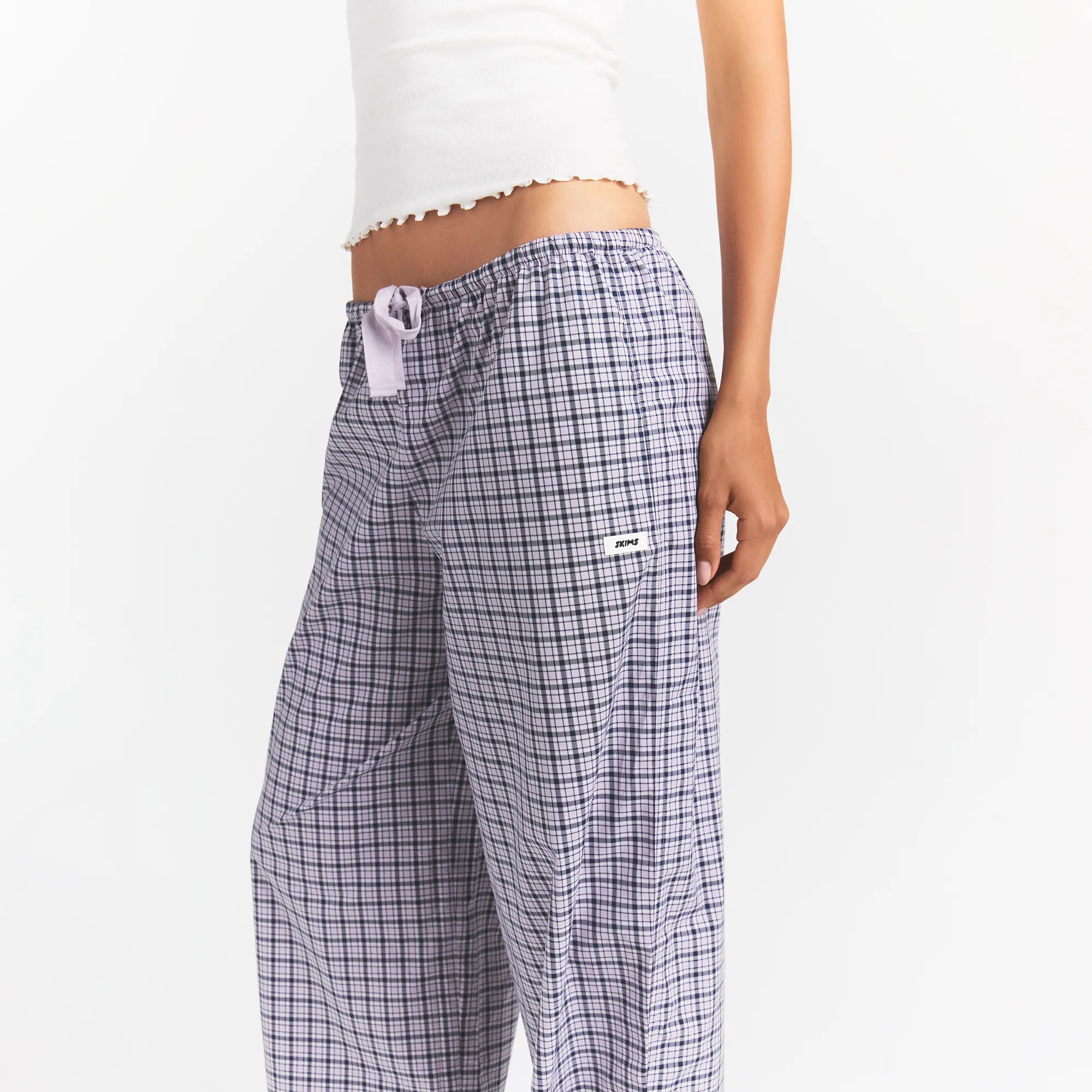 COTTON POPLIN SLEEP OVERSIZED PANT | IRIS MICA NAVY CHECK ON A MODEL | FOCUS: 0.0, 1.0, 0.9