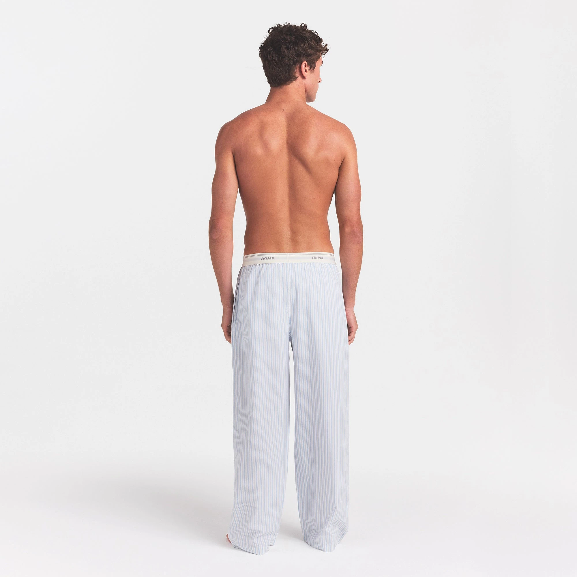 COTTON POPLIN MENS LOGO BAND SLEEP PANT | PLATINUM DOUBLE STRIPE ON A MODEL BACK VIEW @ | FOCUS: 0.0, 1.0, 0.9