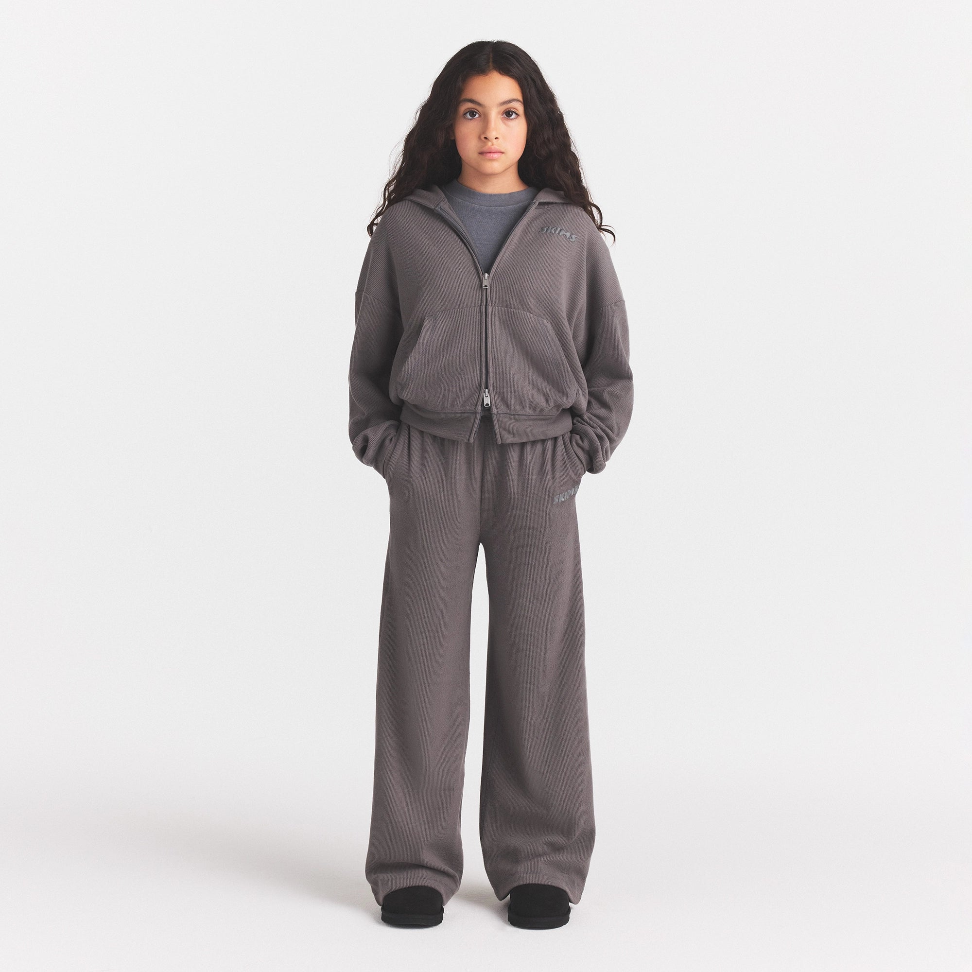 KIDS COZY WAFFLE WIDE LEG PANT | WASHED GUNMETAL ON A MODEL FRONT VIEW @ | FOCUS: 0.0, 1.0, 0.9
