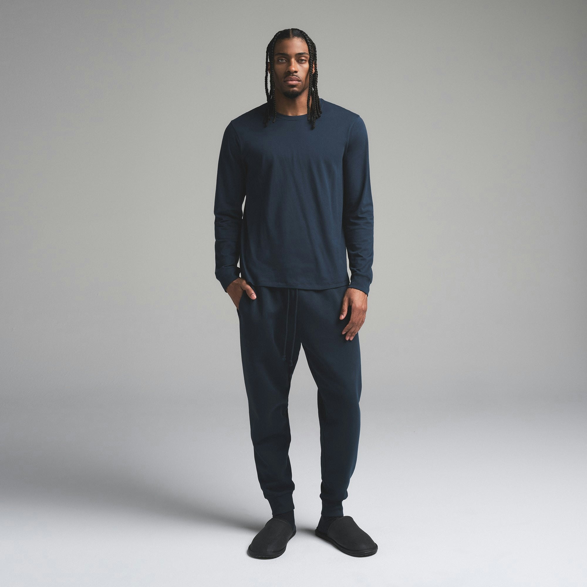 FLEECE LOUNGE MENS TAPERED JOGGER | NAVY ON A MODEL FRONT VIEW | FOCUS: 0.0, 1.0, 0.9