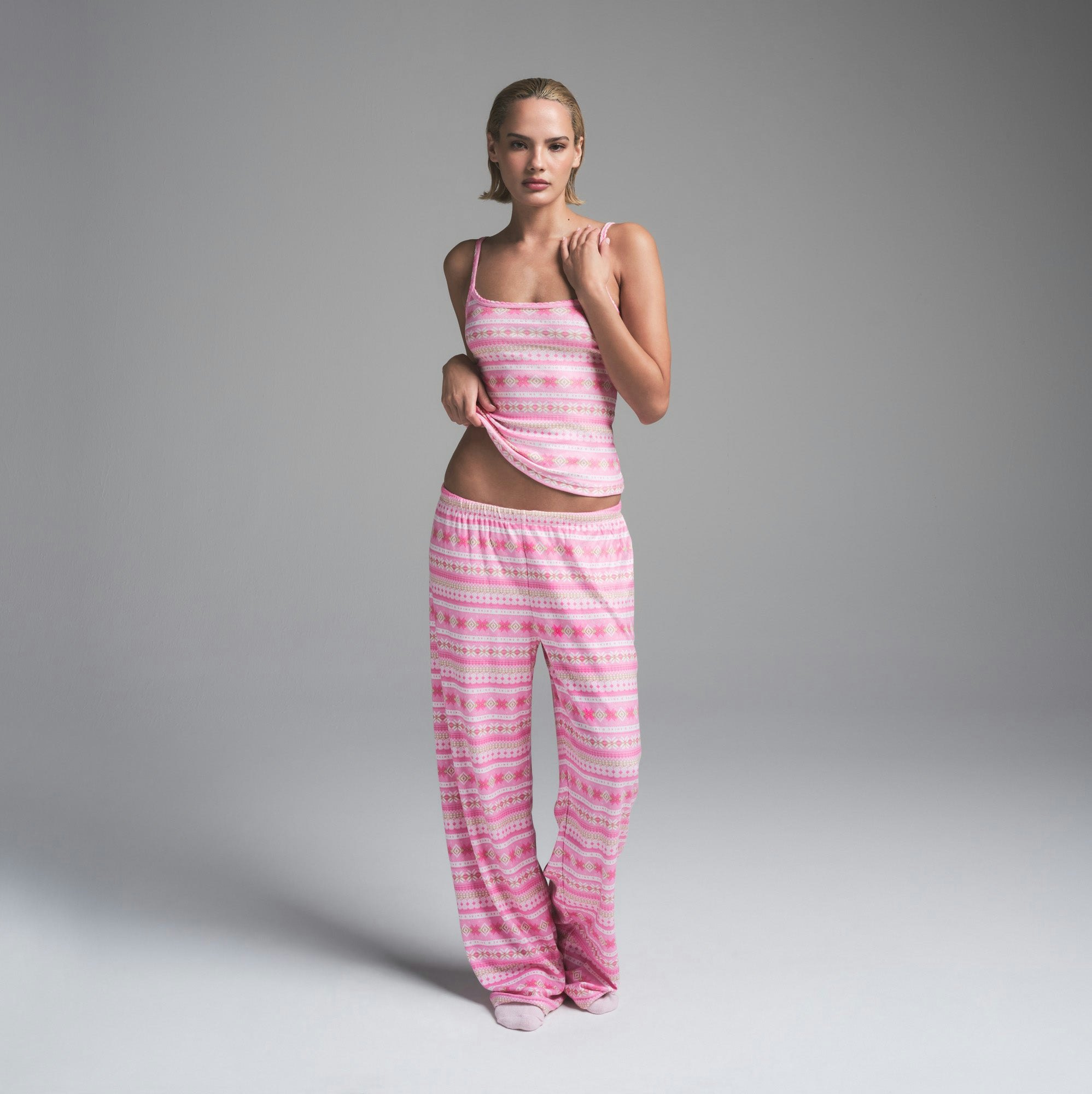 LOGO PLUSH POINTELLE PANT | BUBBLE GUM SIENNA FAIR ISLE ON A MODEL FRONT VIEW | FOCUS: 0.0, 1.0, 0.9