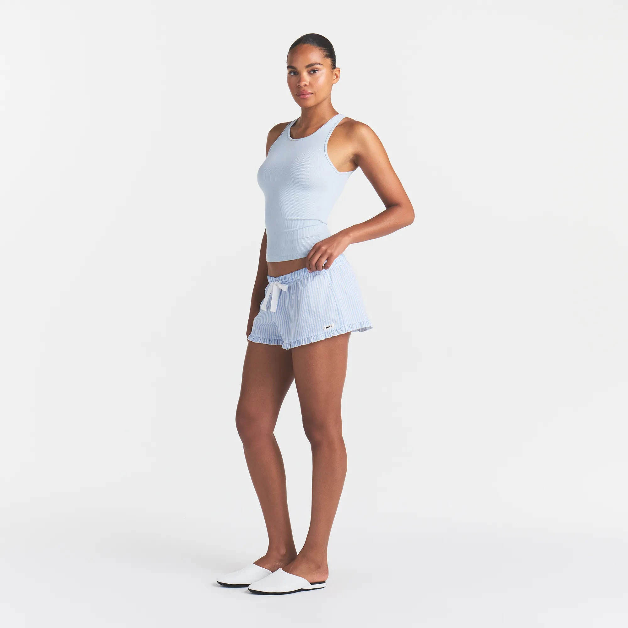 COTTON POPLIN SLEEP RUFFLE SHORT | MARINA MESH STRIPE ON A MODEL | FOCUS: 0.0, 1.0, 0.9