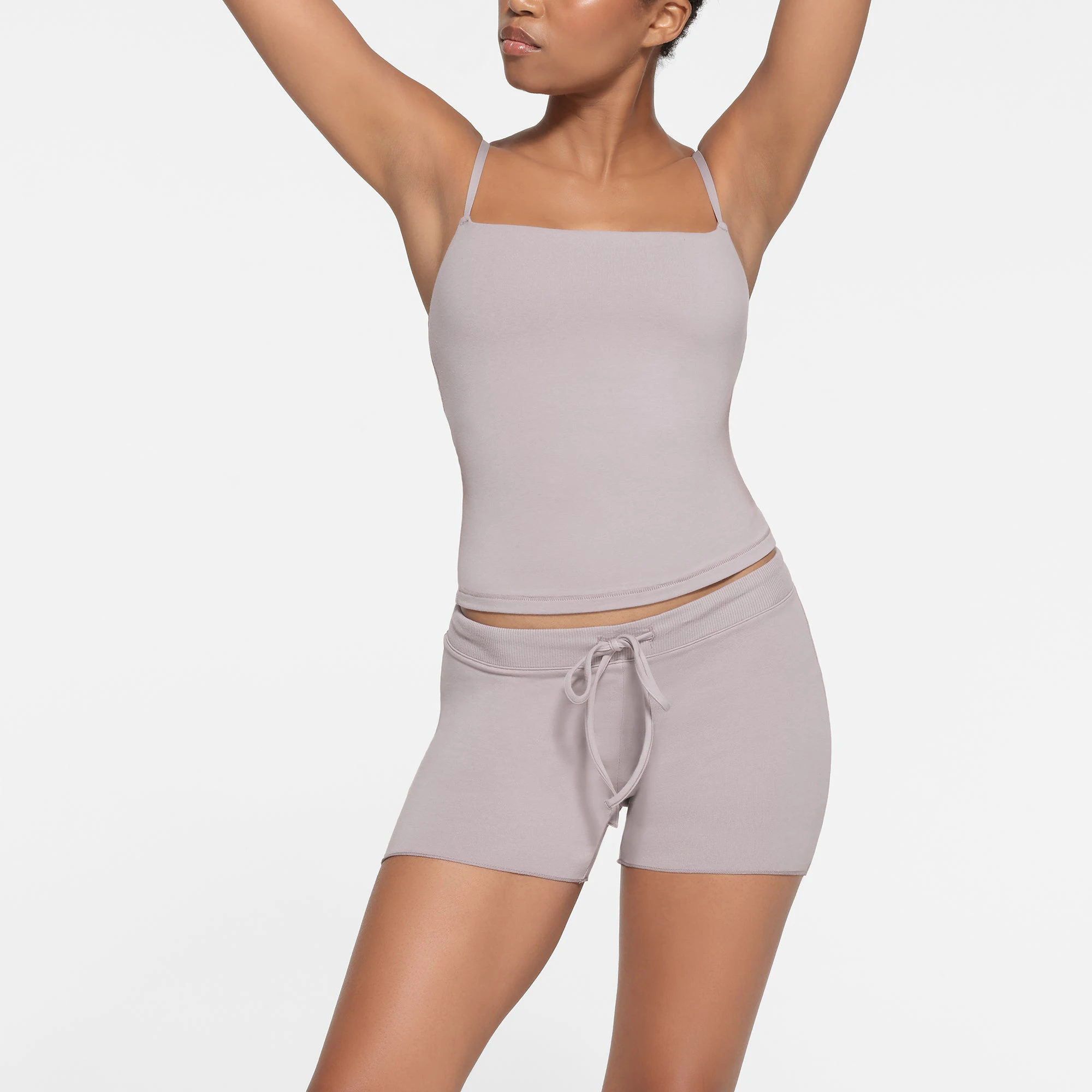 COTTON JERSEY SHORT | OYSTER ON A MODEL FRONT VIEW