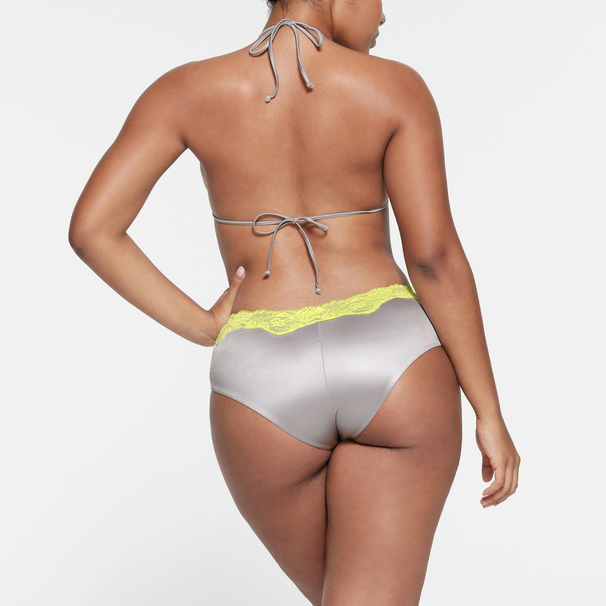LACE SWIM BOY SHORT | CHROME ON A MODEL BACK VIEW